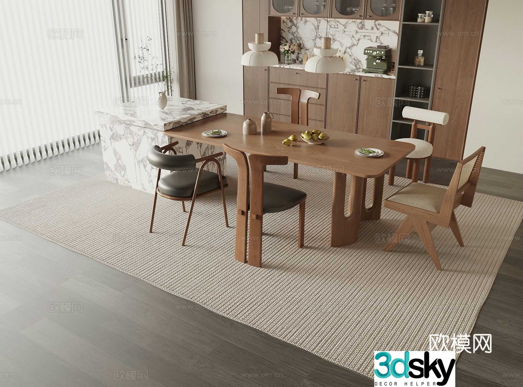 Medieval style island dining table and chairs 3D model