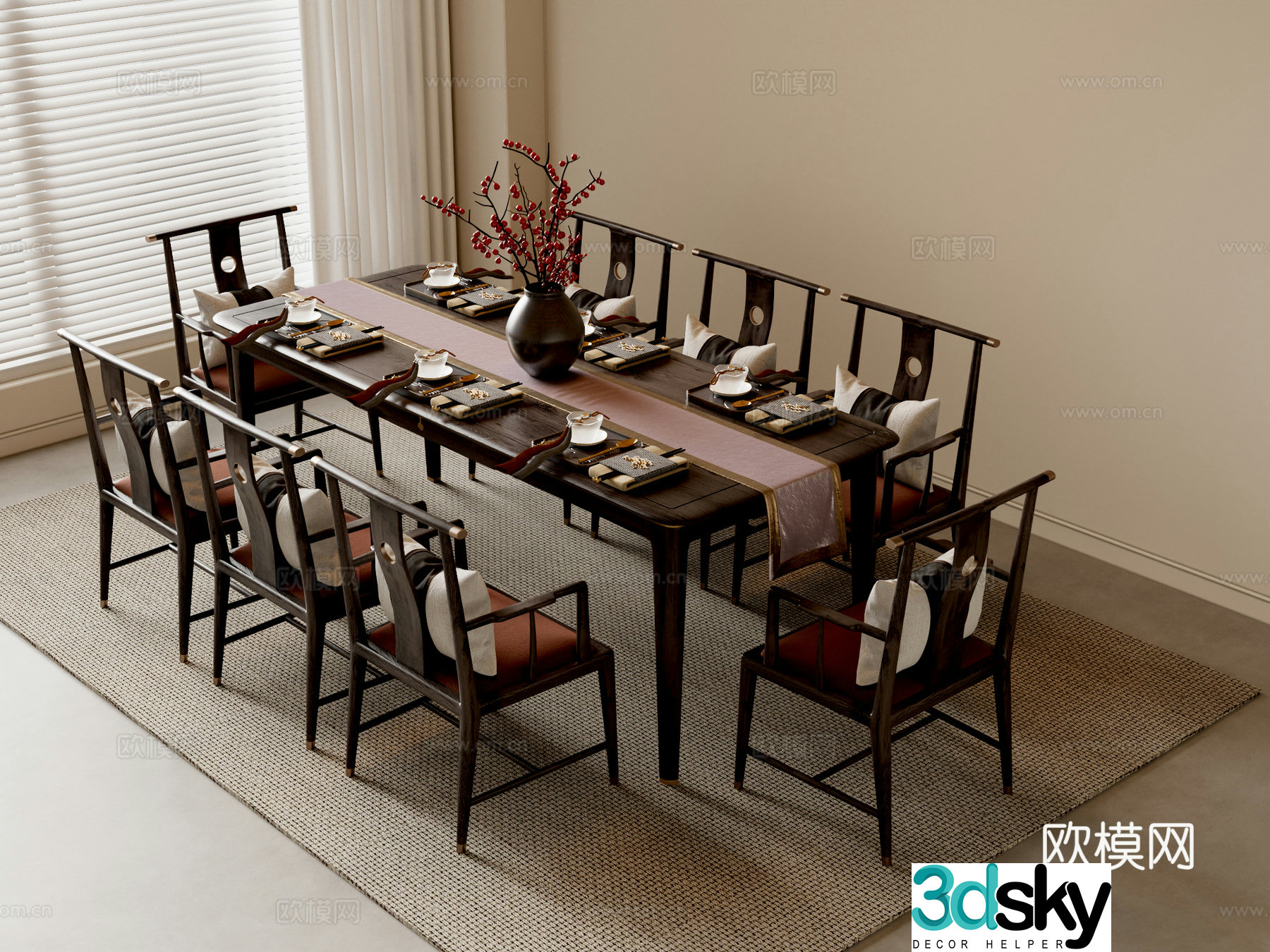 New Chinese dining table and chairs 3d model