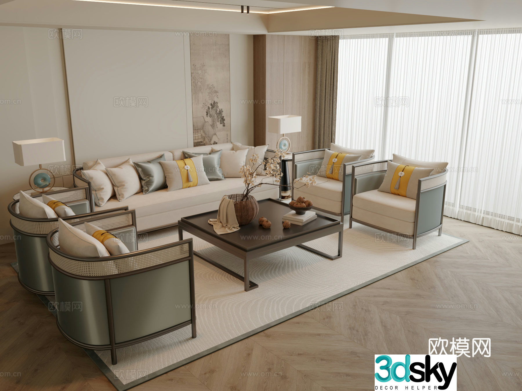 New Chinese style sofa coffee table modular sofa 3d model