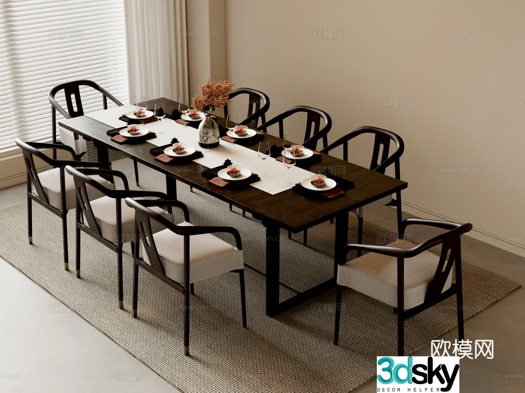 New Chinese dining table and chairs 3d model