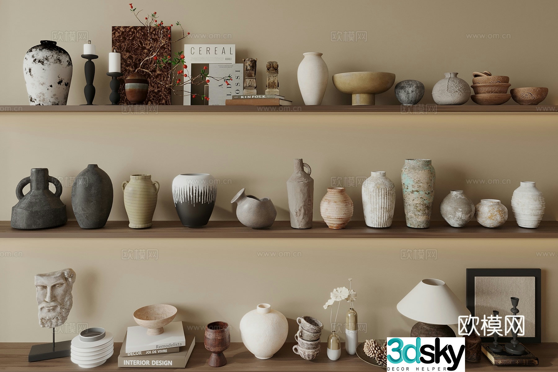 Wabi-sabi style ornaments books ceramics vase 3D model