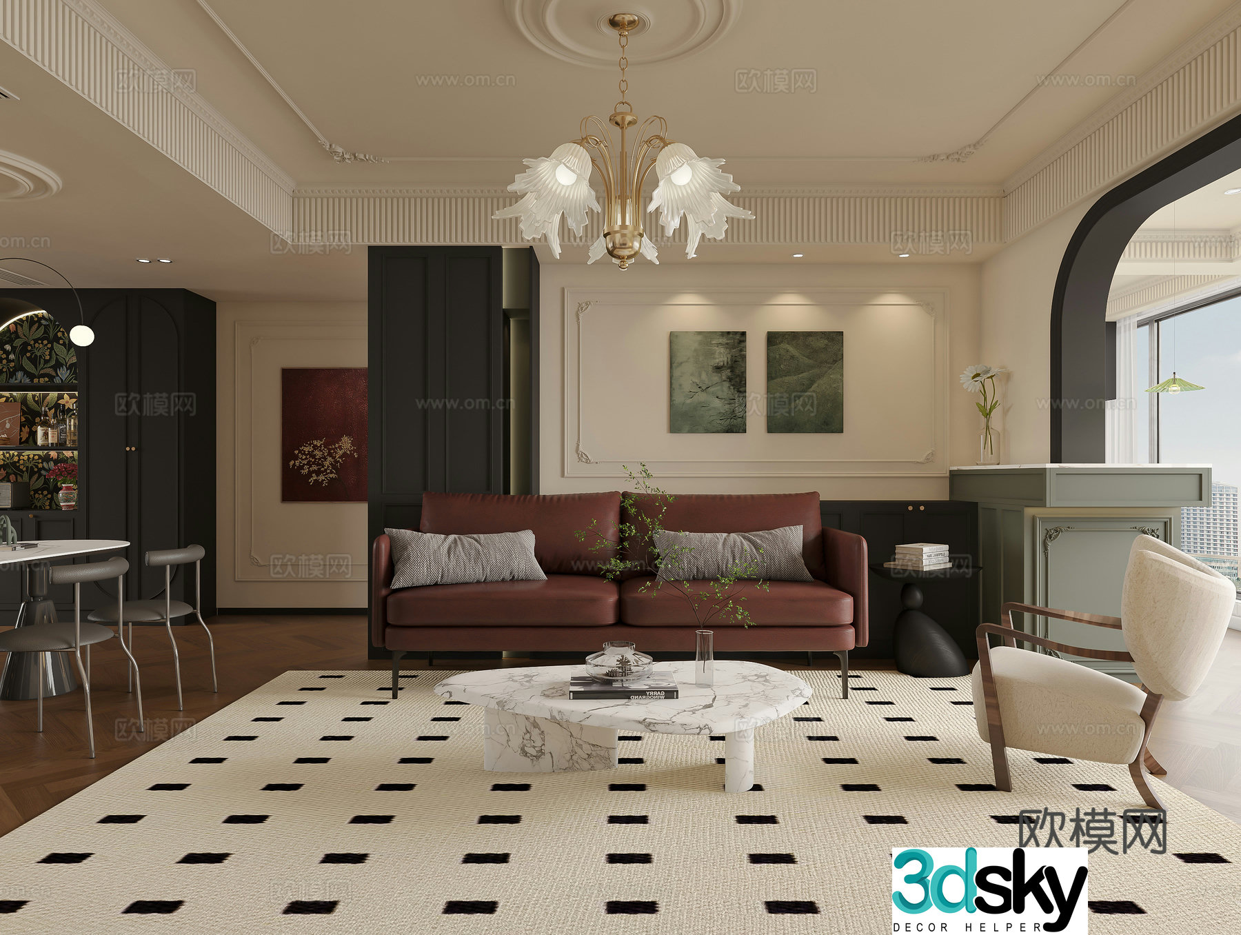 French retro living and dining room 3d model