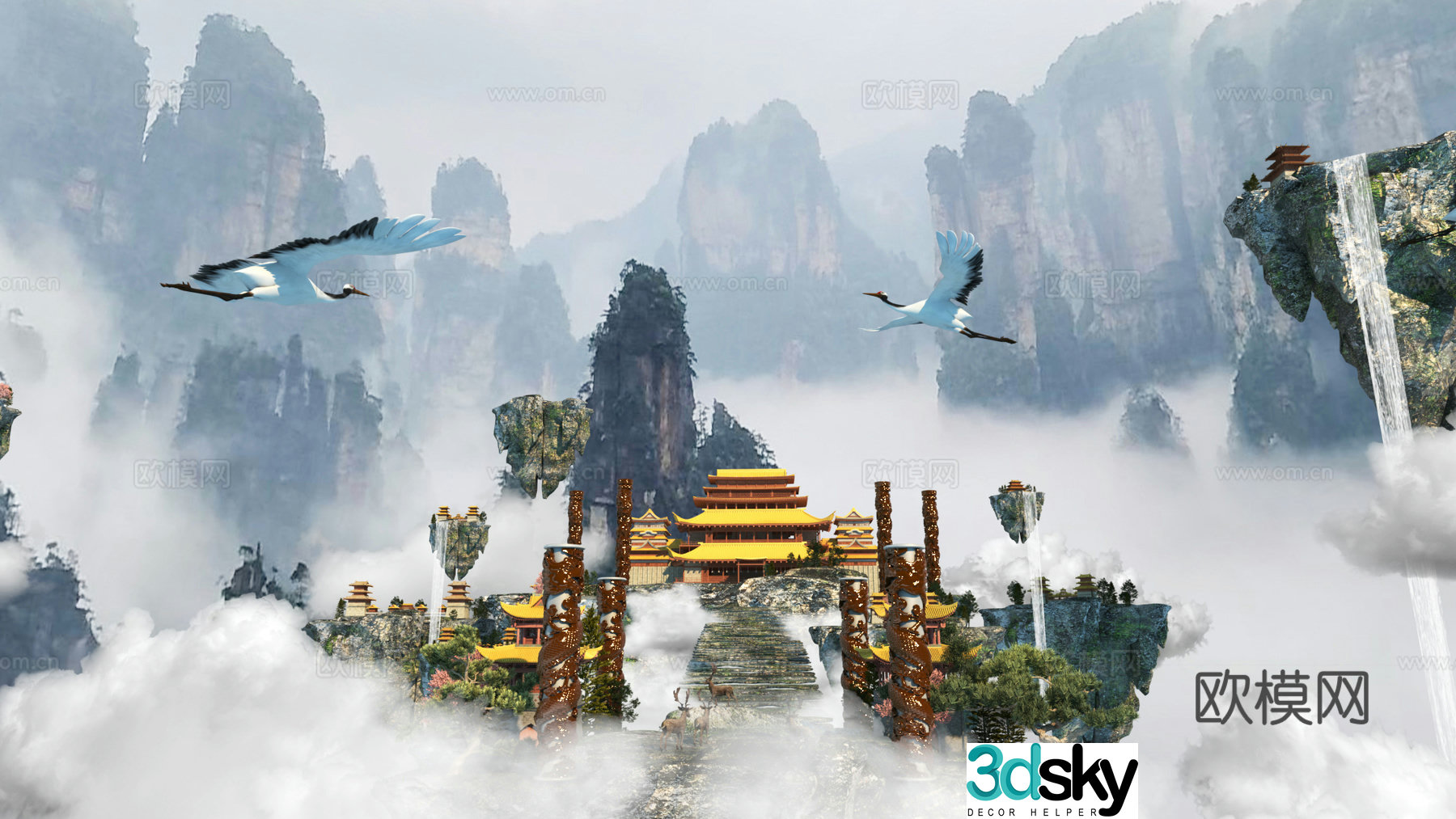 Modern Three Lives Wonderland Different Stone Waterfall Landscape 3D Model