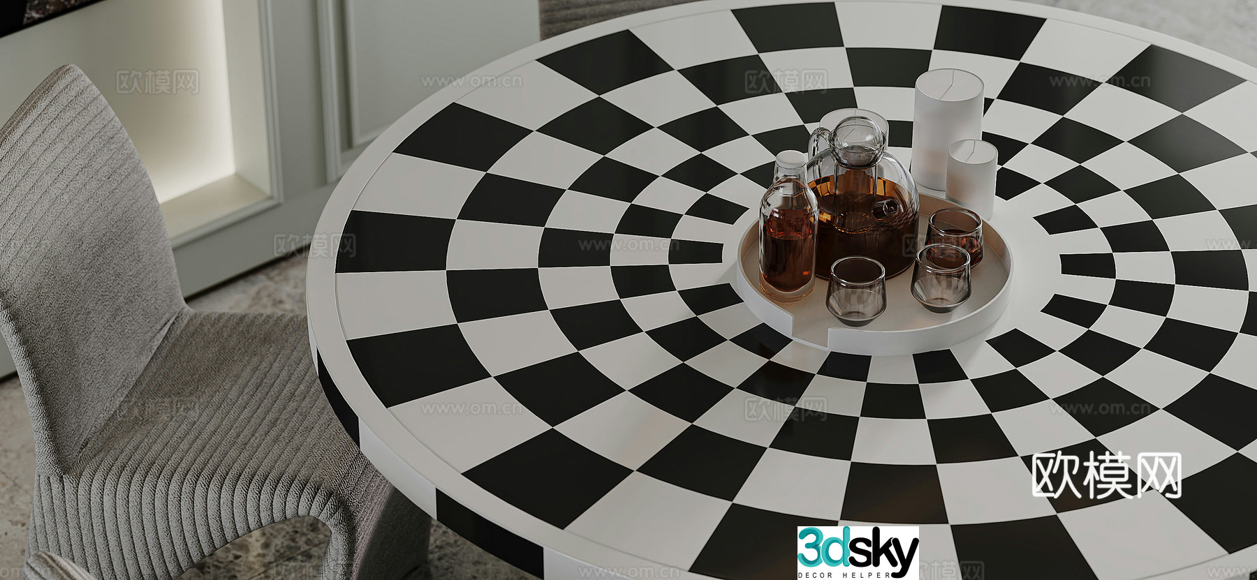 Modern black and white plaid round dining table 3d model