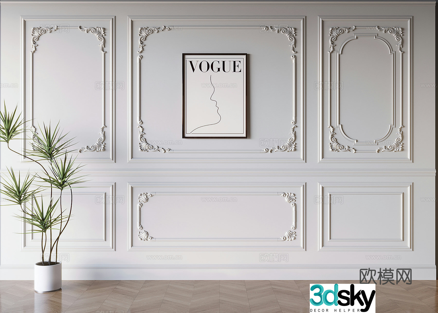 French carved plaster lines sofa background wall 3D model