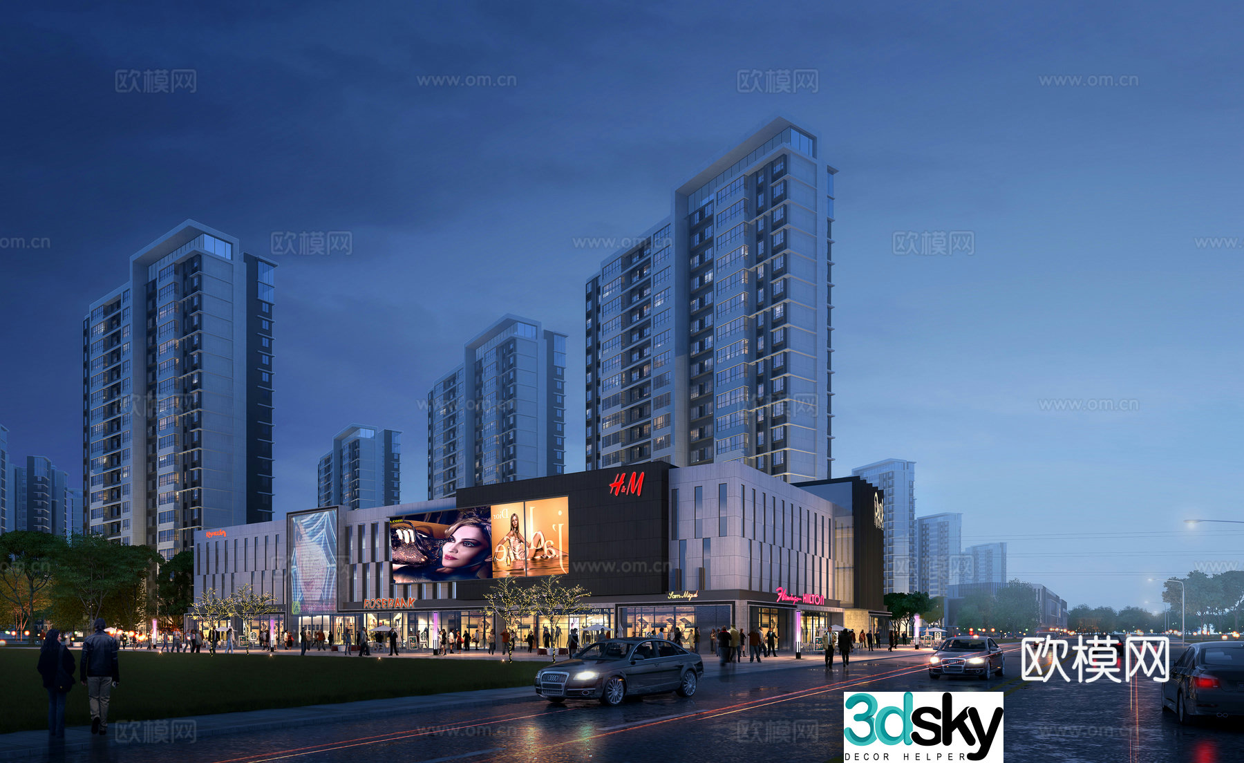 3D model of commercial street along the street