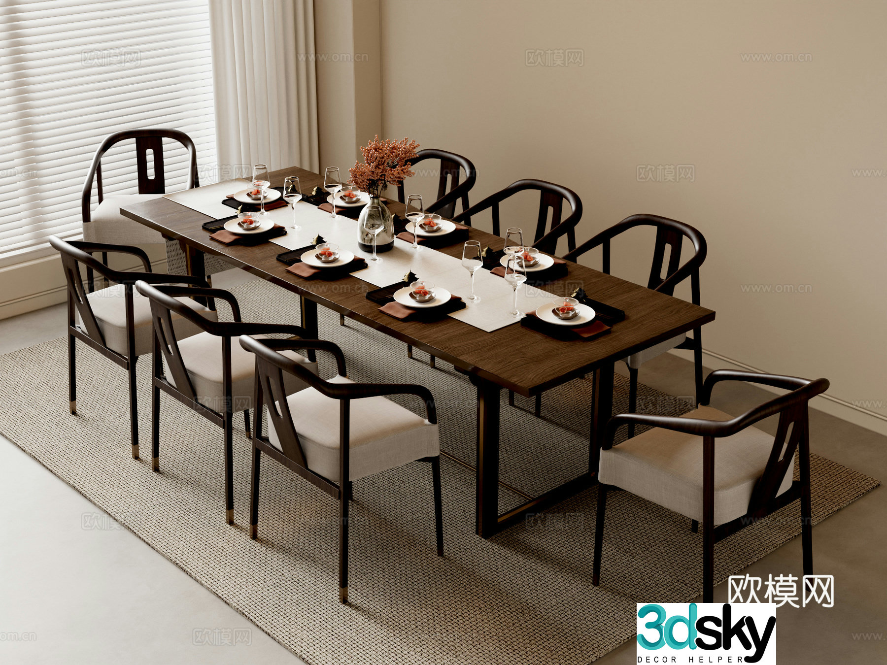 New Chinese dining table and chairs 3d model