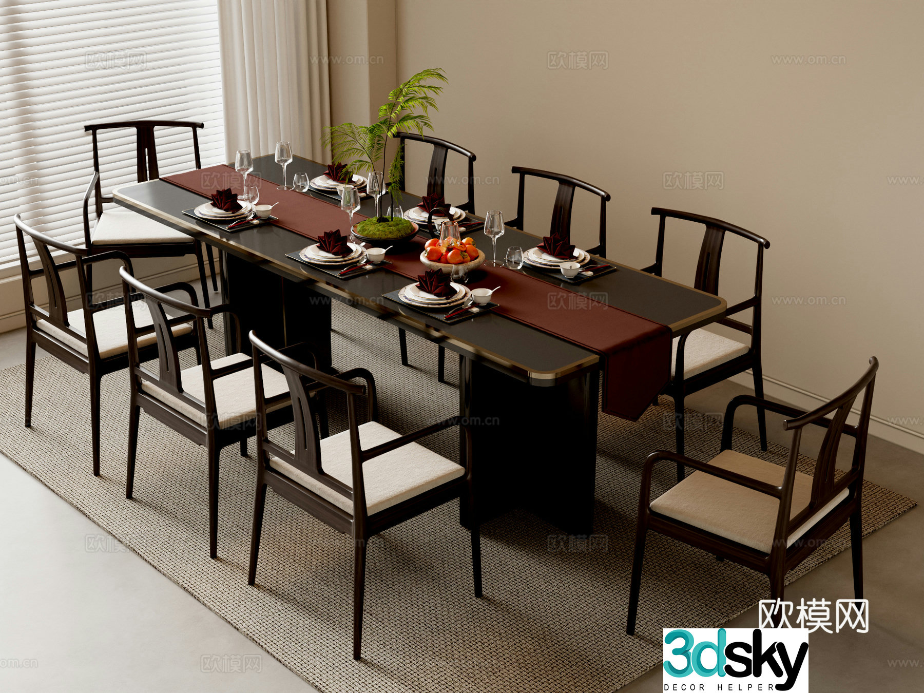 New Chinese dining table and chairs 3d model