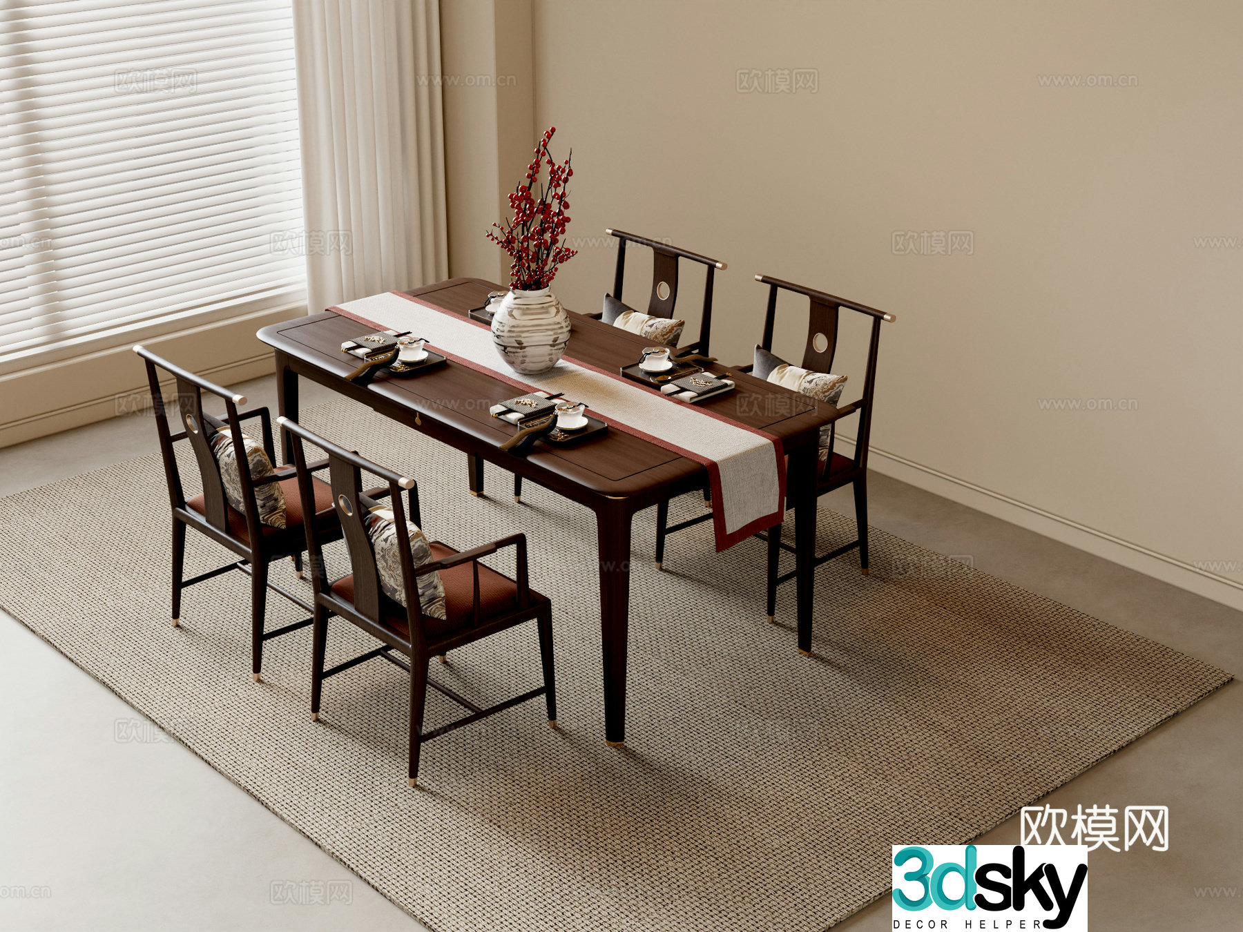 New Chinese dining table and chairs 3d model