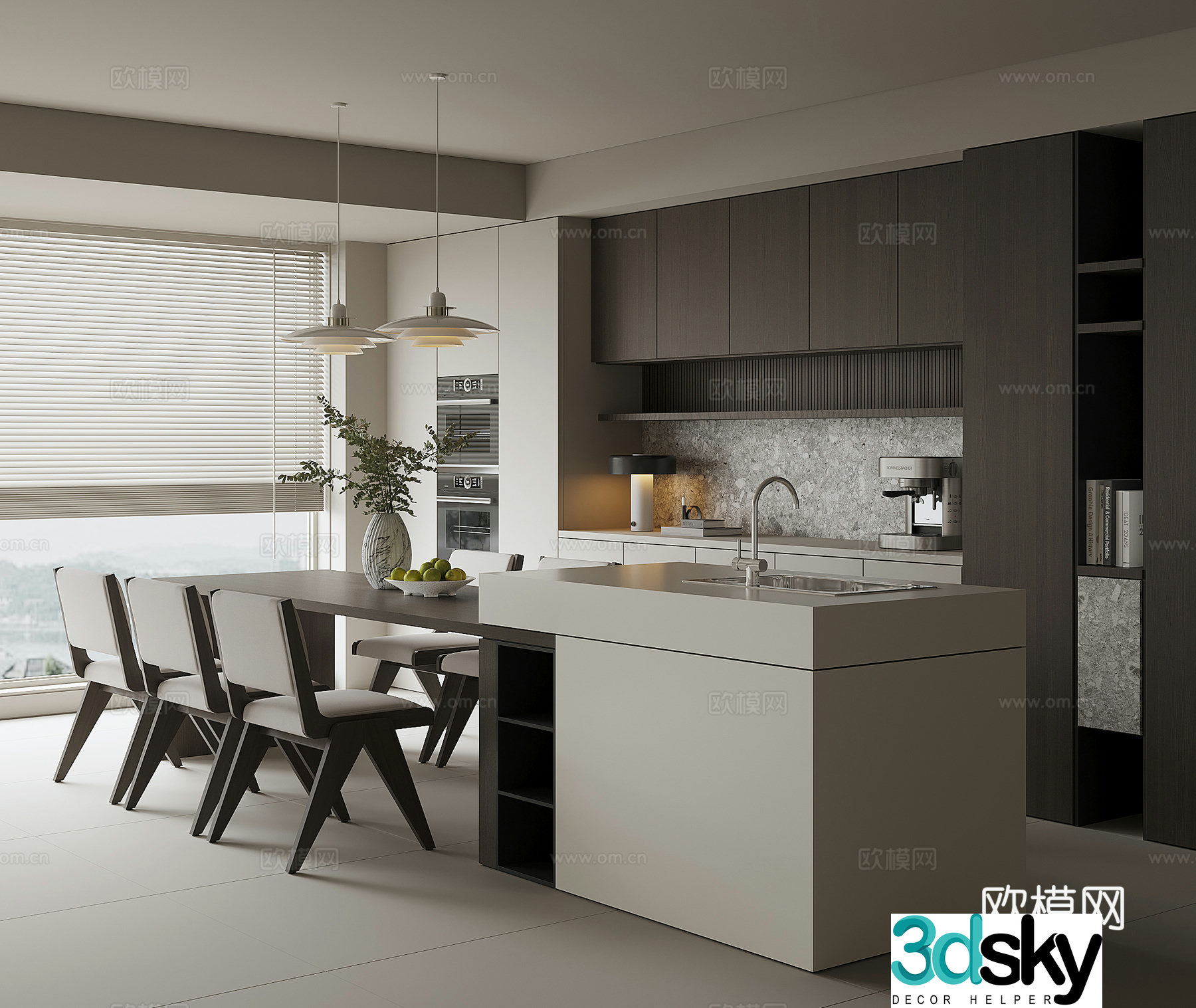 Modern island dining table and chairs 3d model