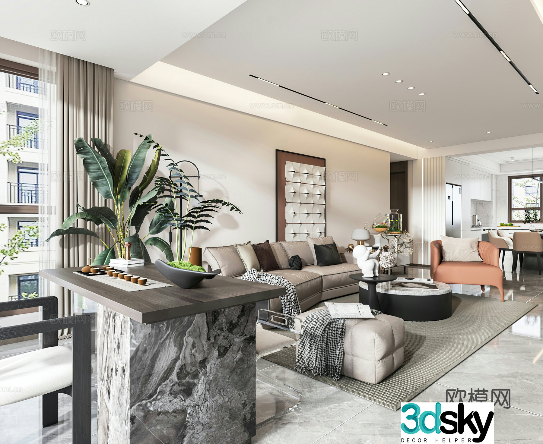 Modern living room open kitchen bathroom dry area entrance hall 3D model