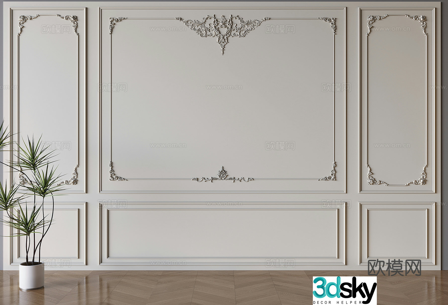 French carved plaster lines sofa background wall 3D model