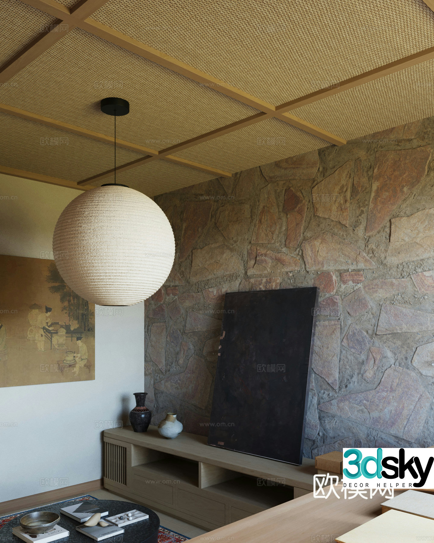 A corner of the new Chinese-style B&B with decorative paintings and ornaments 3D model