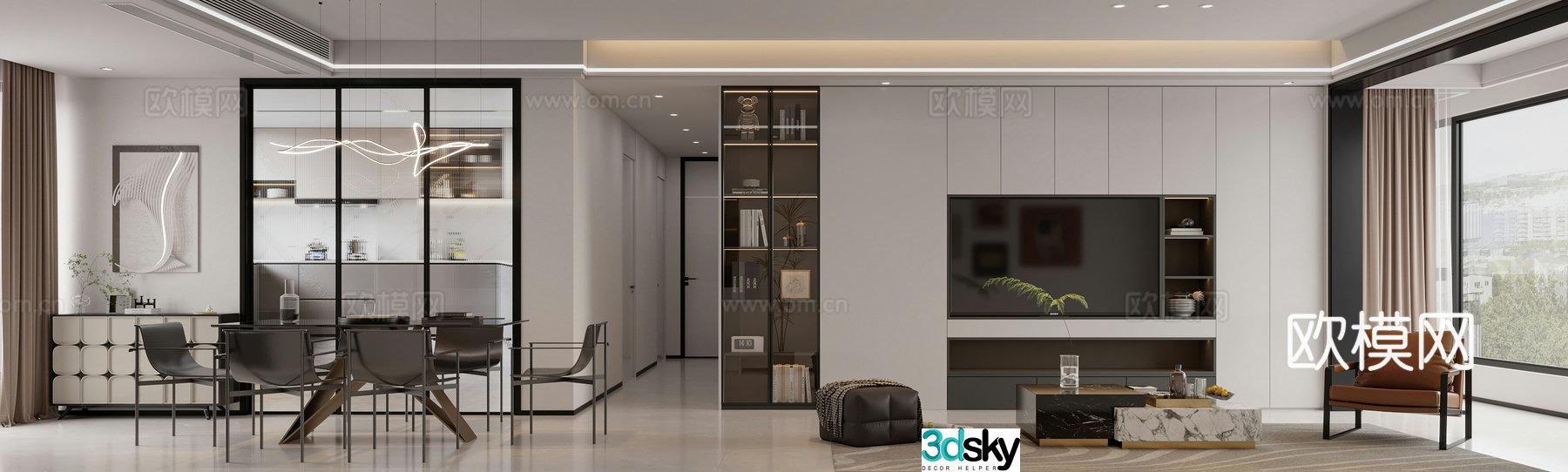 Modern living and dining room 3d model