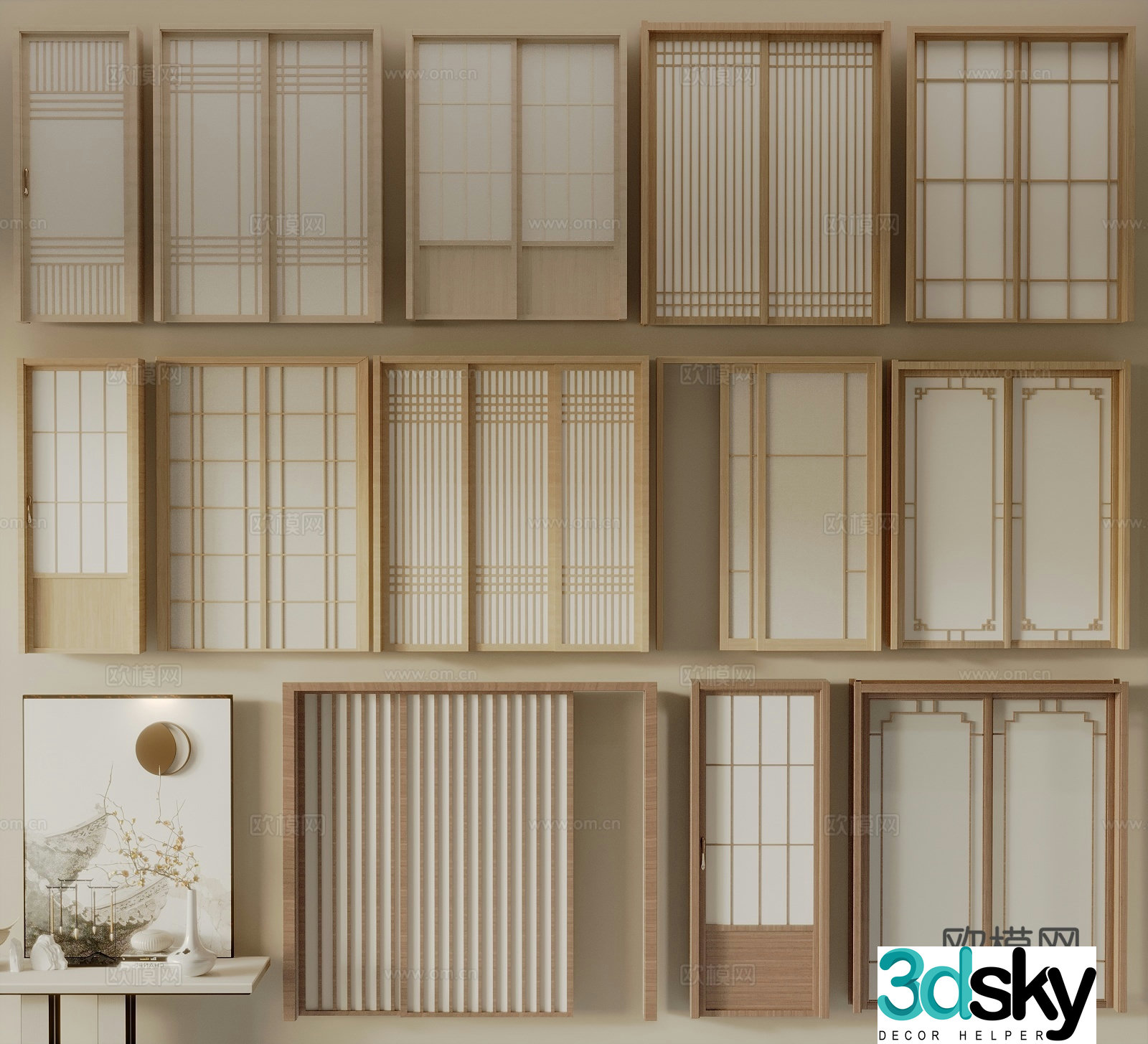 Japanese sliding door folding door lattice door double door 3d model