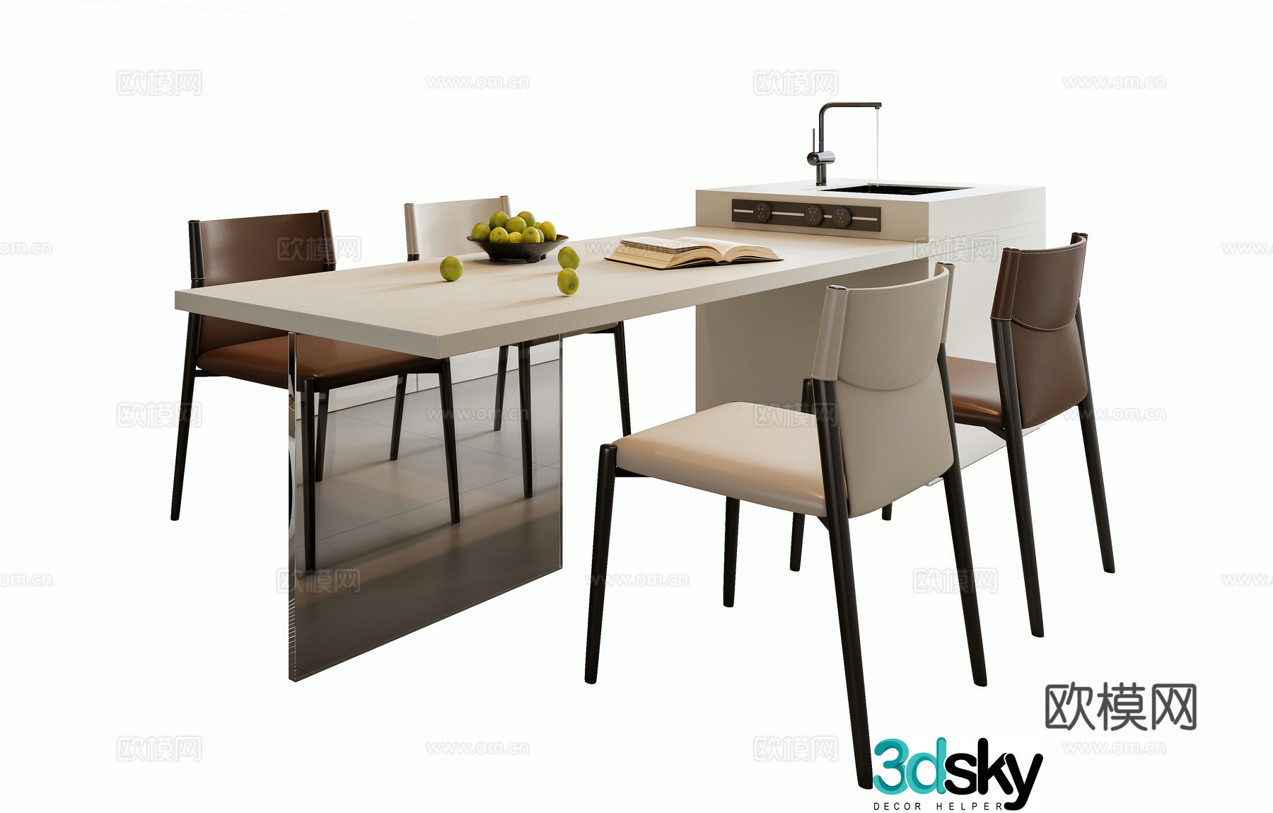 Modern island dining table and chairs 3d model