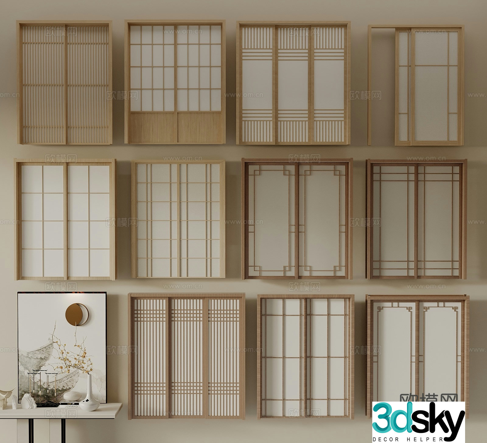 Japanese sliding door folding door lattice door double door 3d model