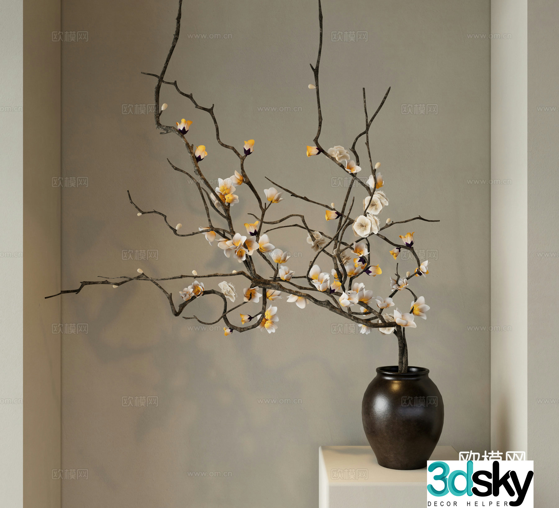 New Chinese style dead branches flower branches clay pots and vase 3D model