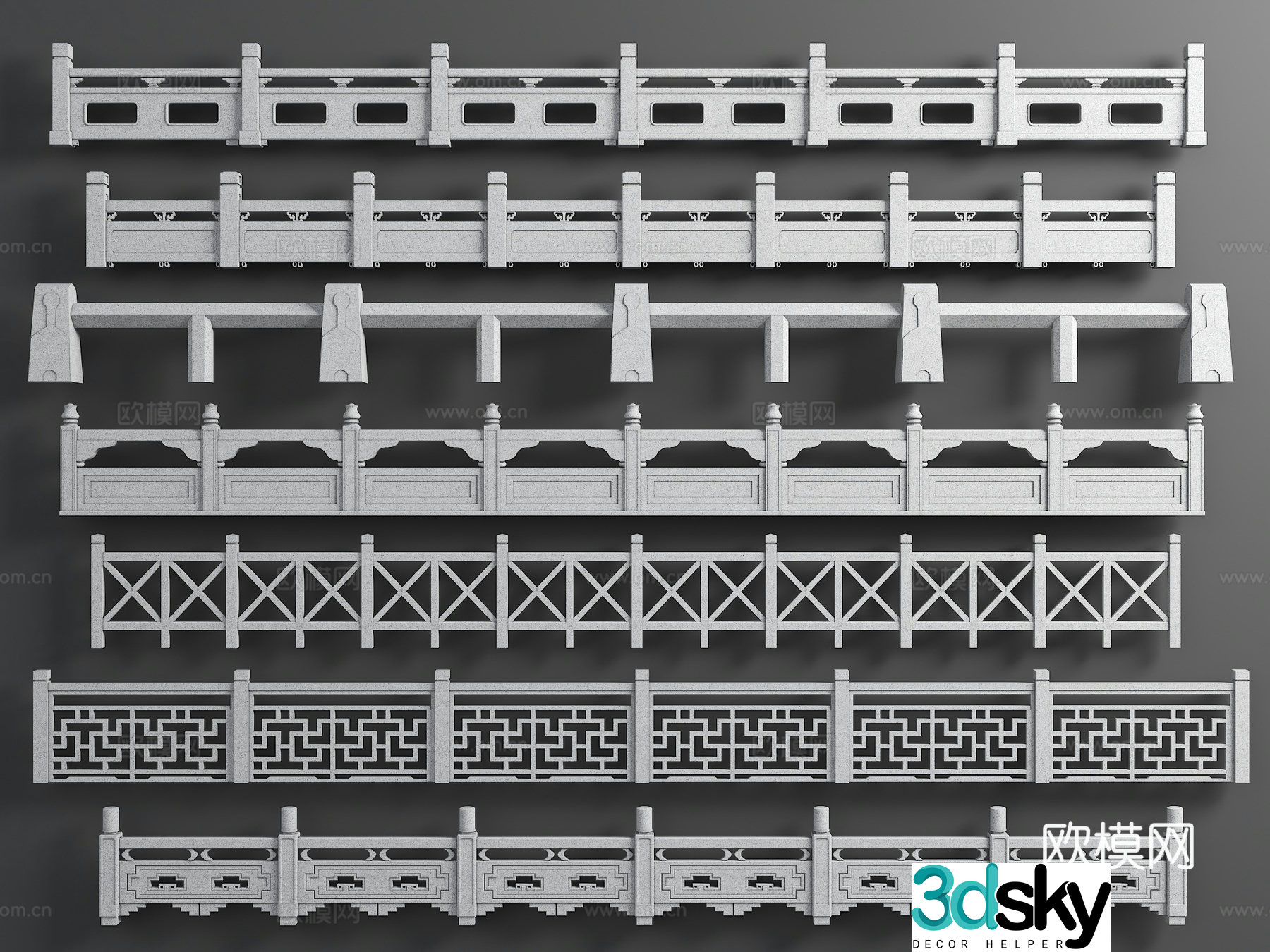 Chinese stone railing bridge railing river guardrail white marble railing 3D model