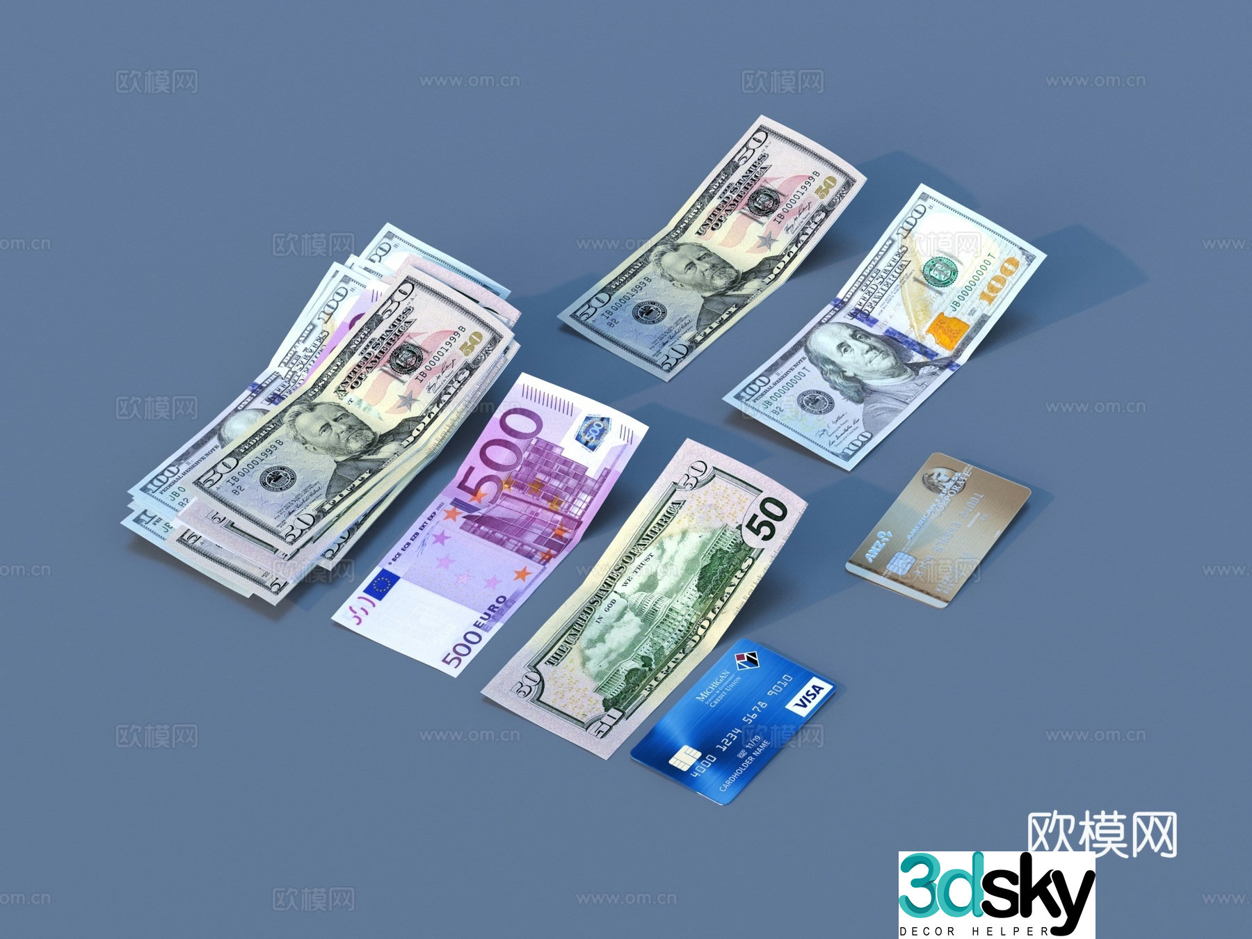 USD Bank Card Credit Card USD Banknote USD Banknote 3D Model