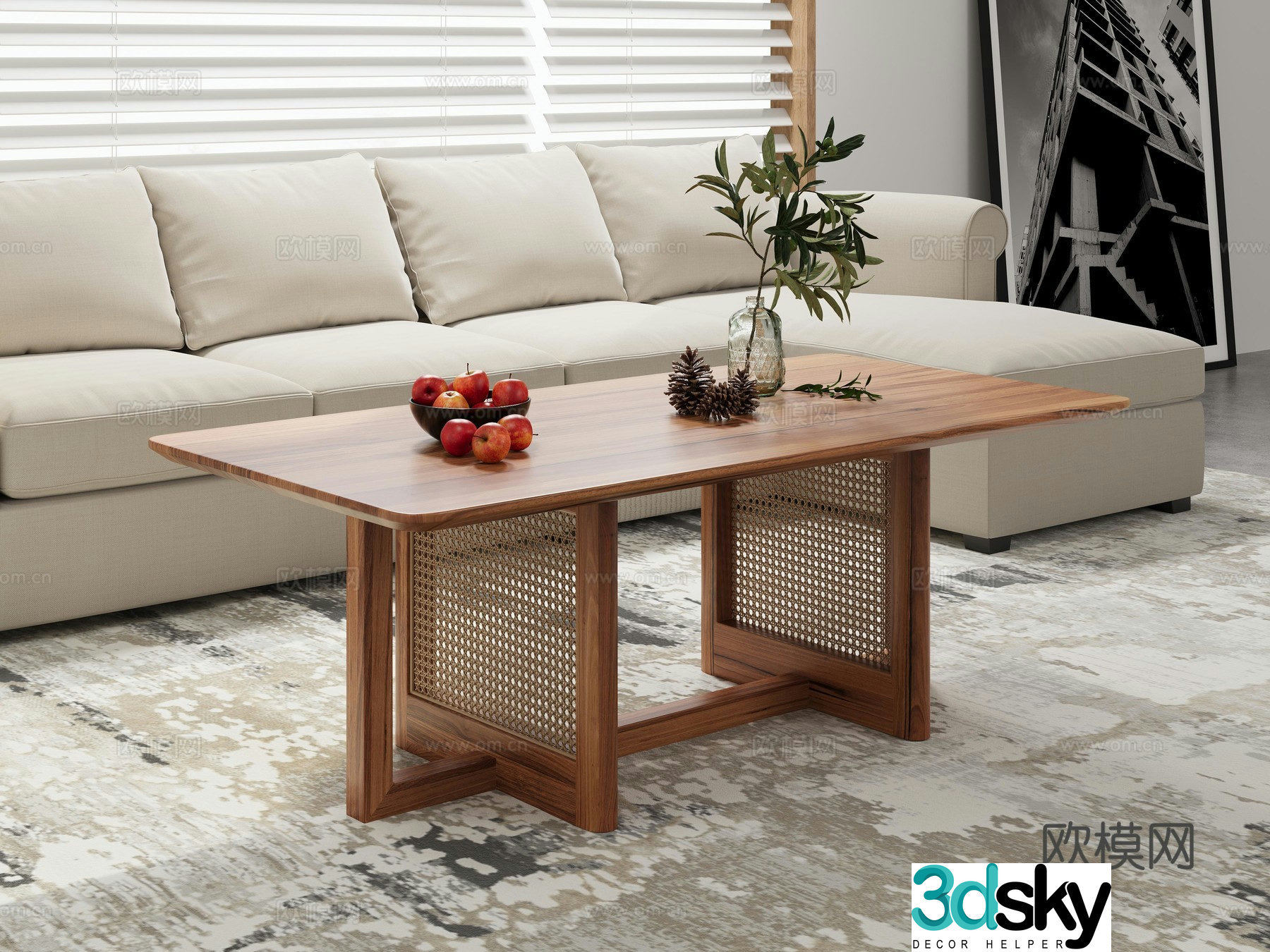 Nordic rectangular coffee table rattan coffee table 3D model