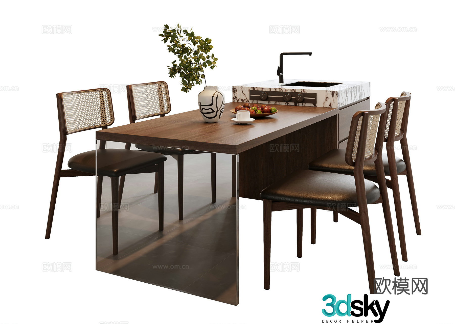 Medieval style island dining table and chairs 3D model