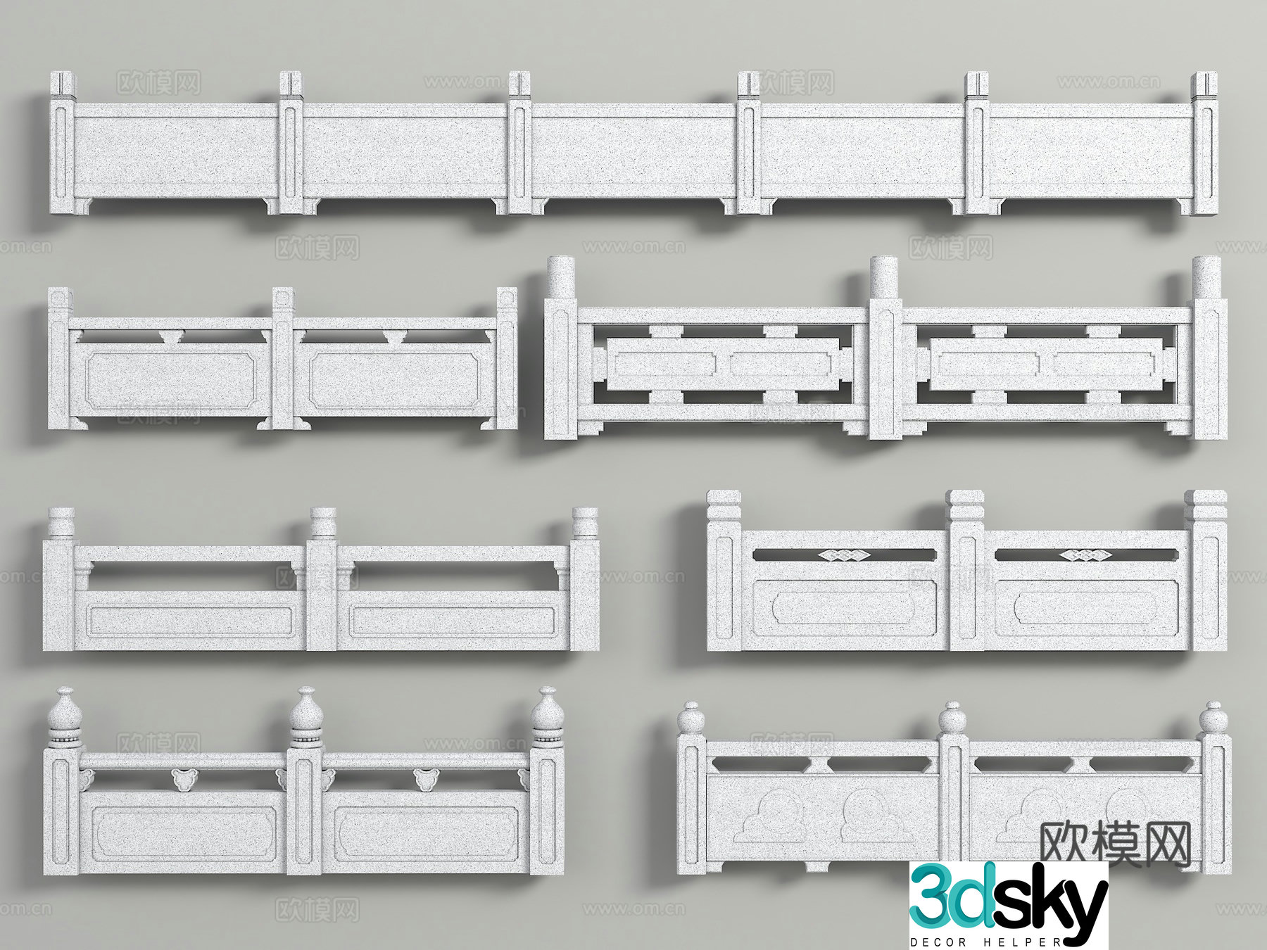 Chinese style stone railing bridge railing river guardrail stone railing 3d model
