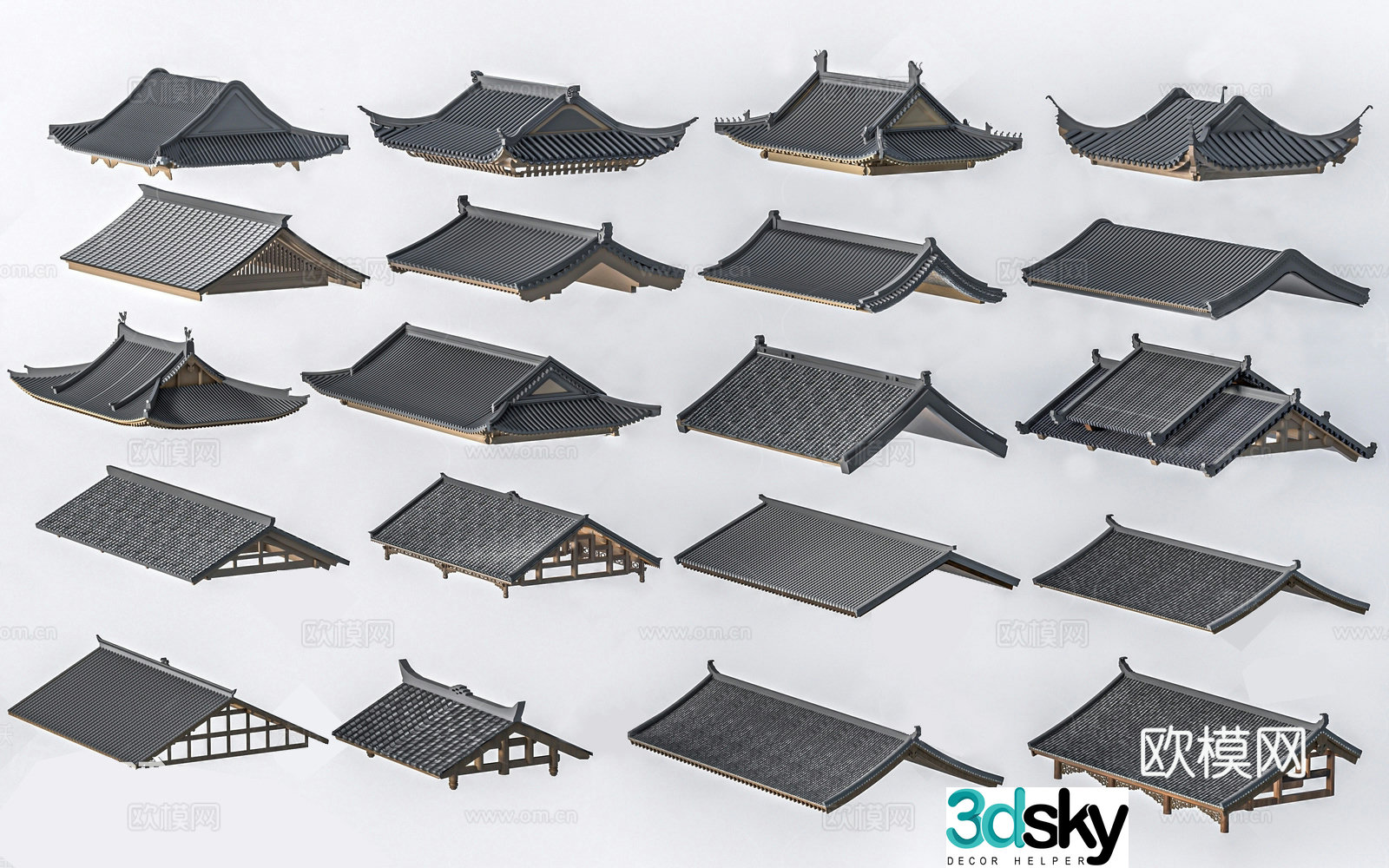 Chinese style ancient building roof eaves cornices tile roof 3d model