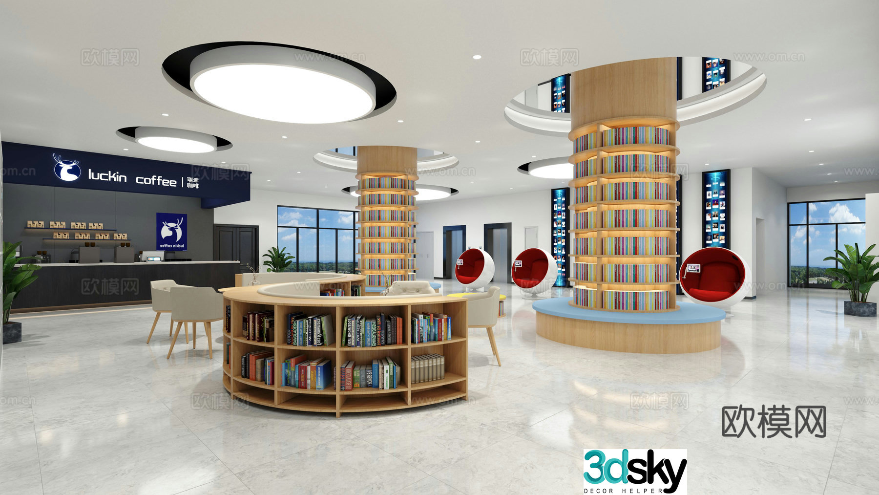Modern reading room library study room 3d model