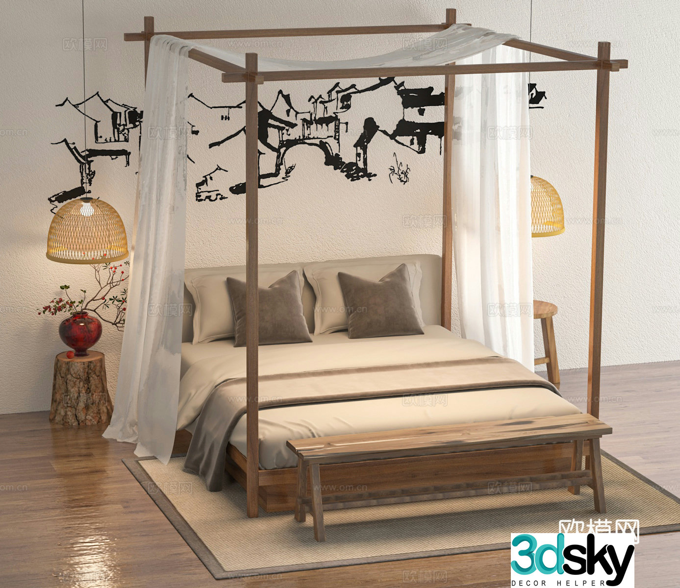 Wabi-sabi double bed 3d model