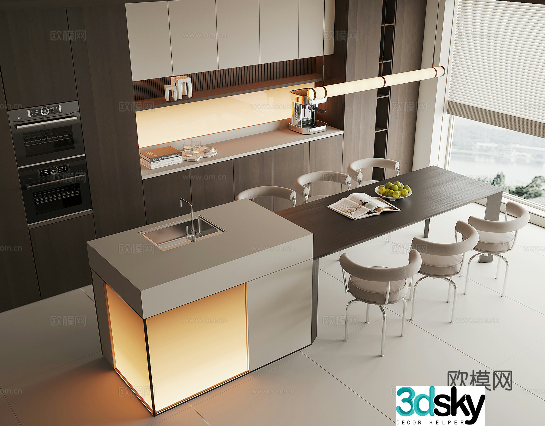 Modern island dining table and chairs water bar 3D model