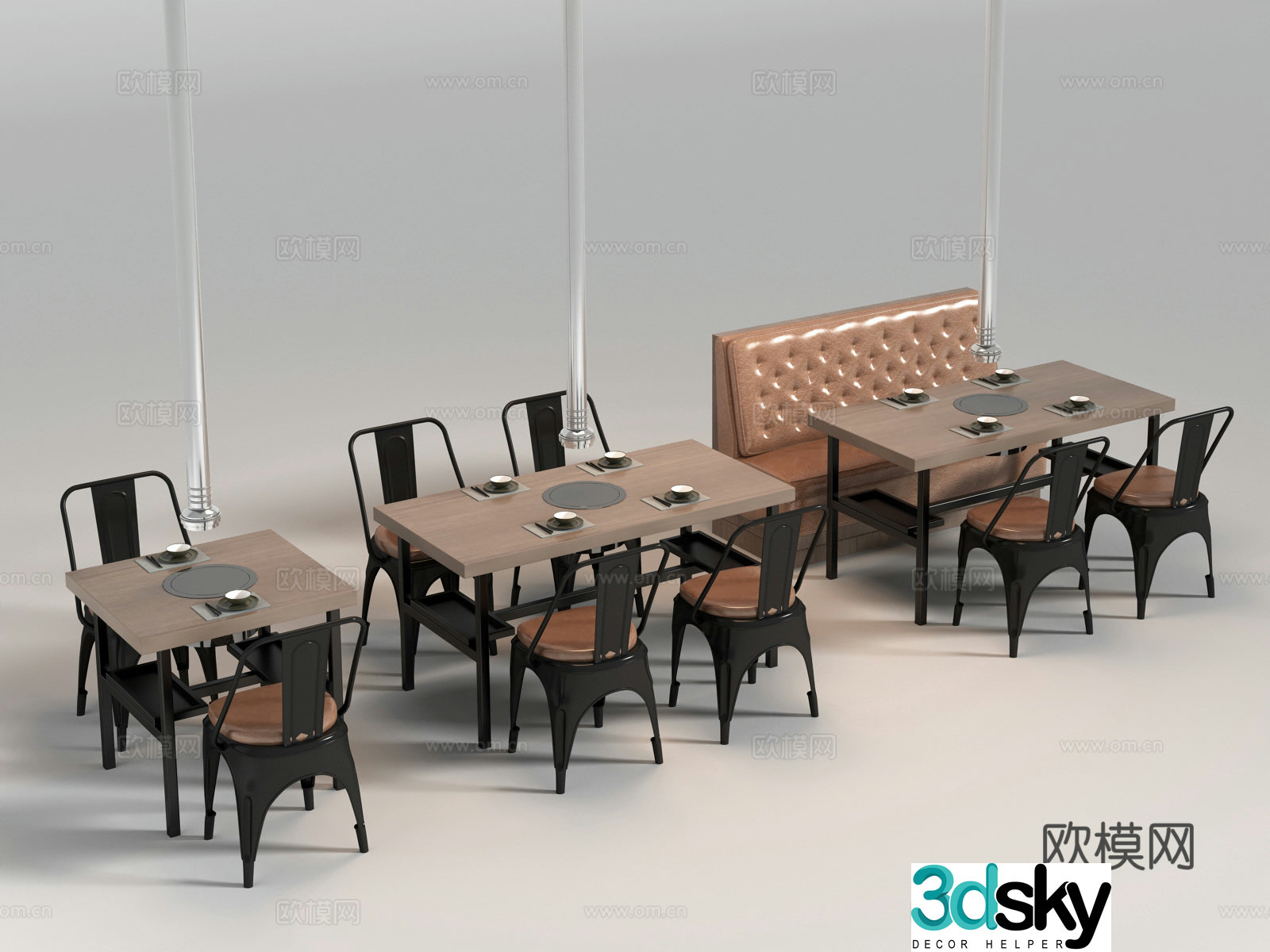 Industrial style barbecue booth dining table and chairs 3D model