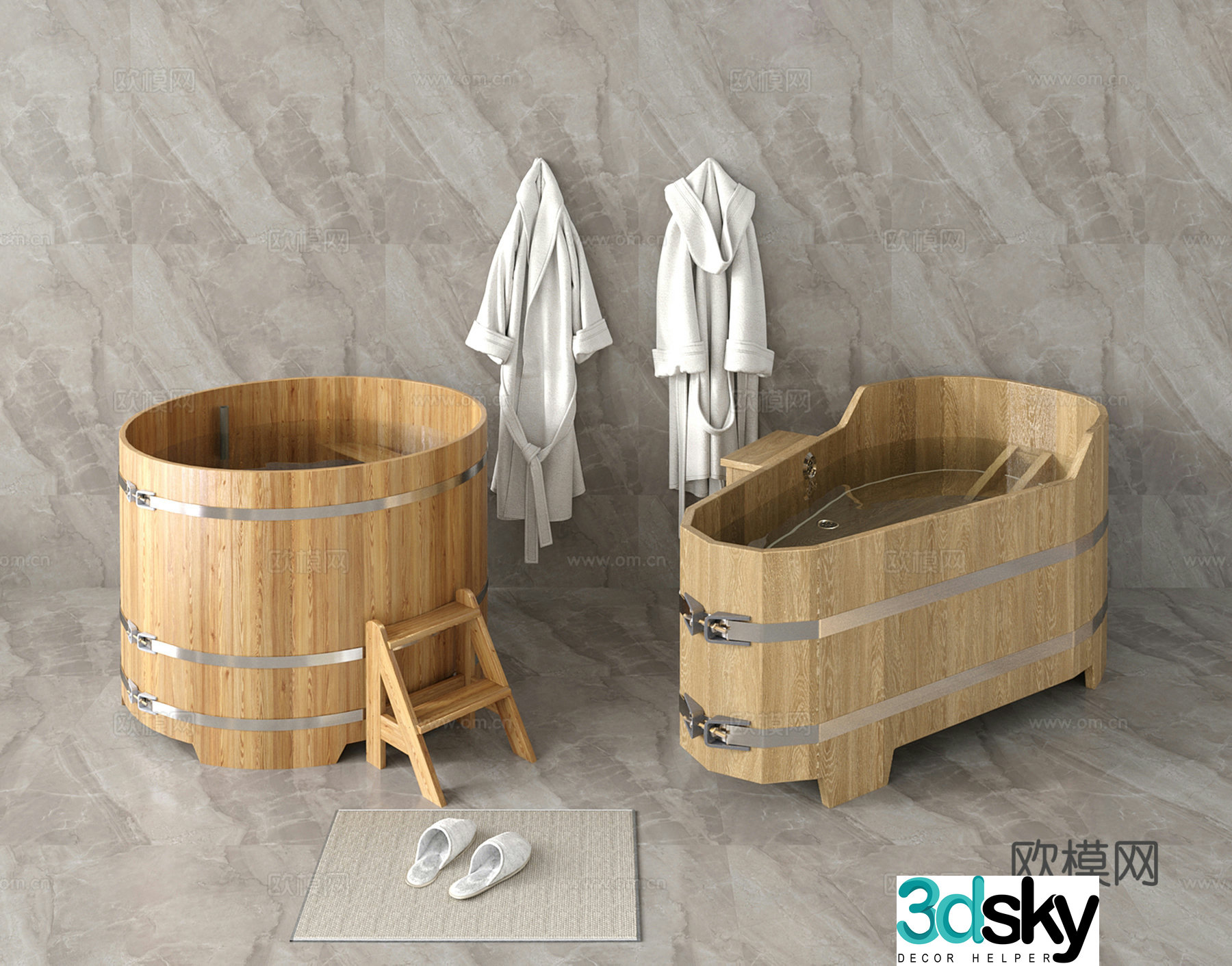 Modern wooden barrel bathtub bathtub bathtub bathtub bathrobe 3d model