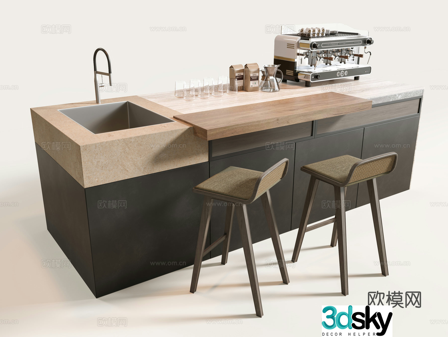 Wabi-sabi island bar counter 3d model
