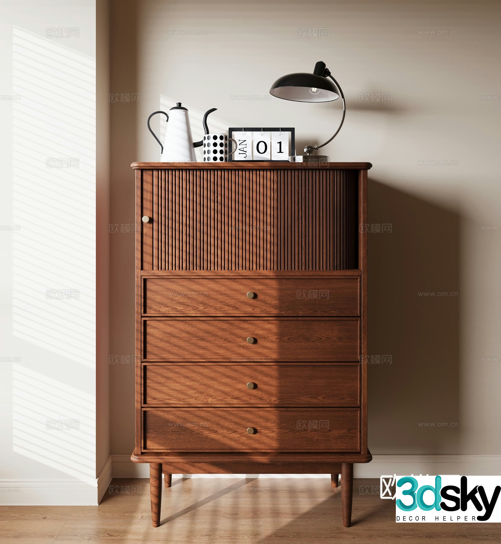 Middle-aged style chest of drawers side cabinet 3D model