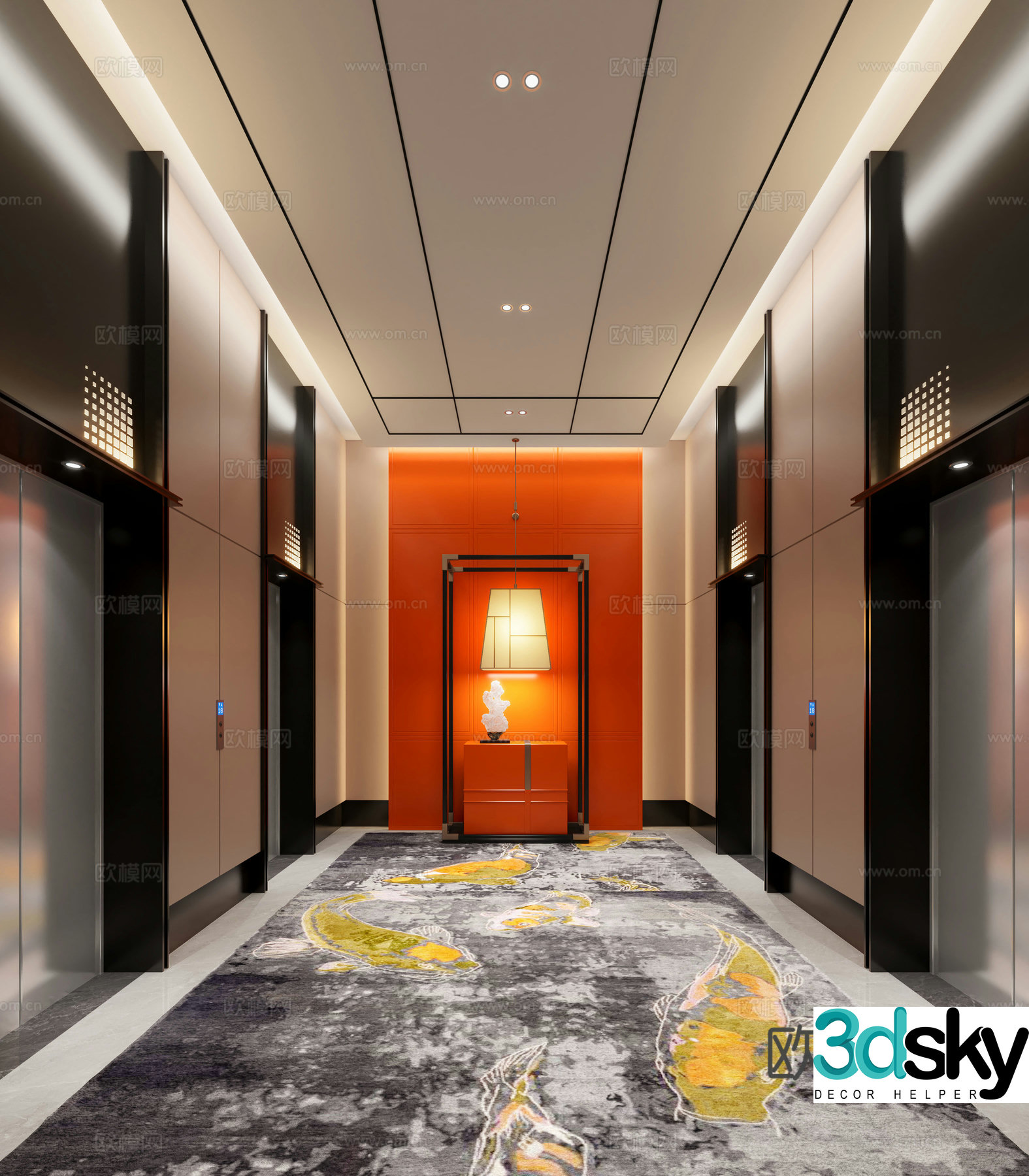 New Chinese-style hotel elevator hall club elevator hall 3D model