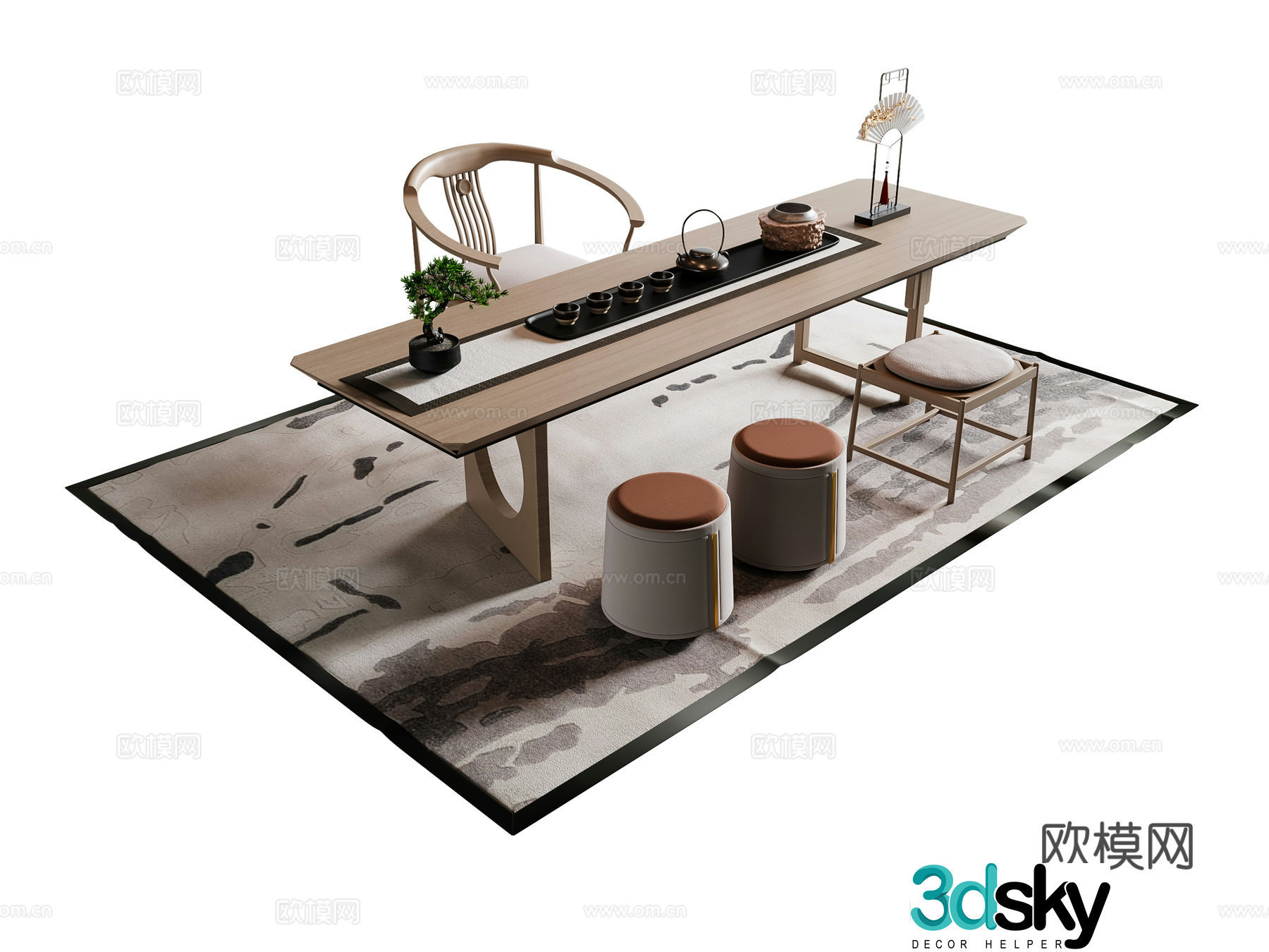 New Chinese tea table and chairs 3d model