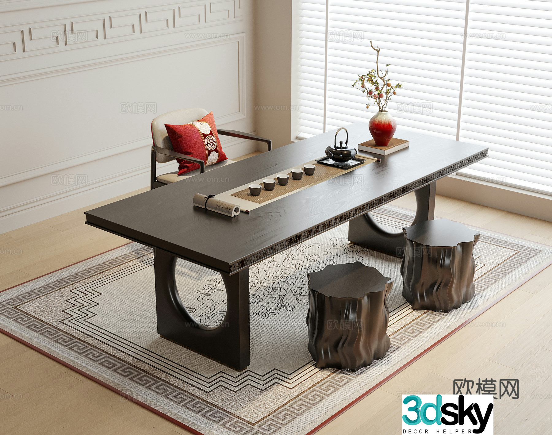 New Chinese tea table and chairs 3d model