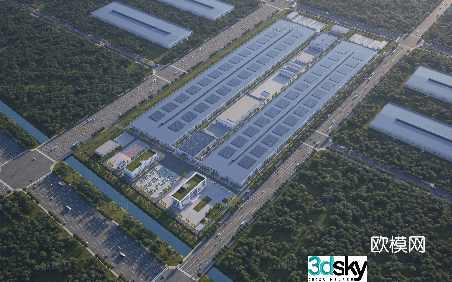 Aerial view 3d model of modern factory building