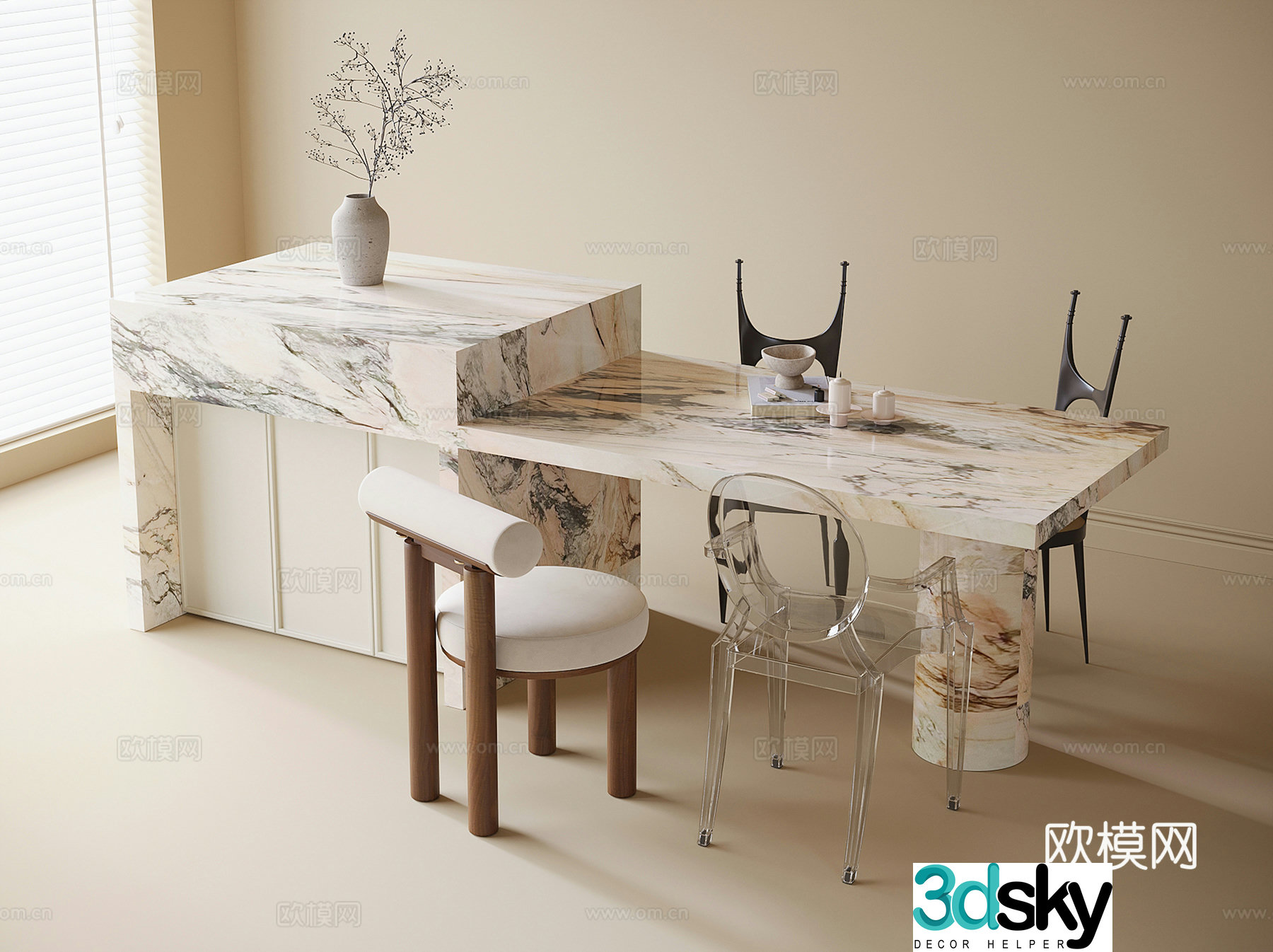 Modern island dining table and chairs 3d model