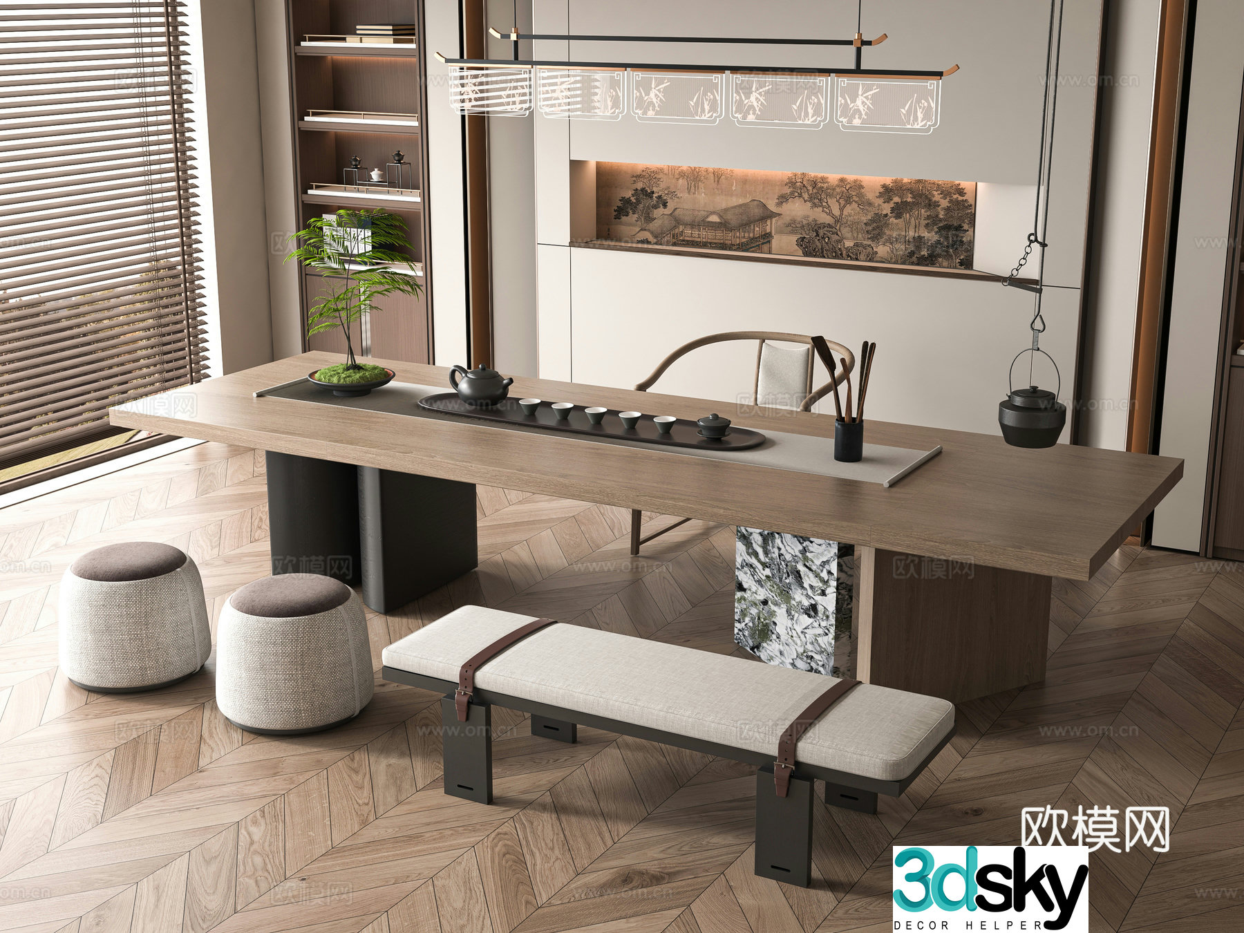 New Chinese tea table and chairs 3d model