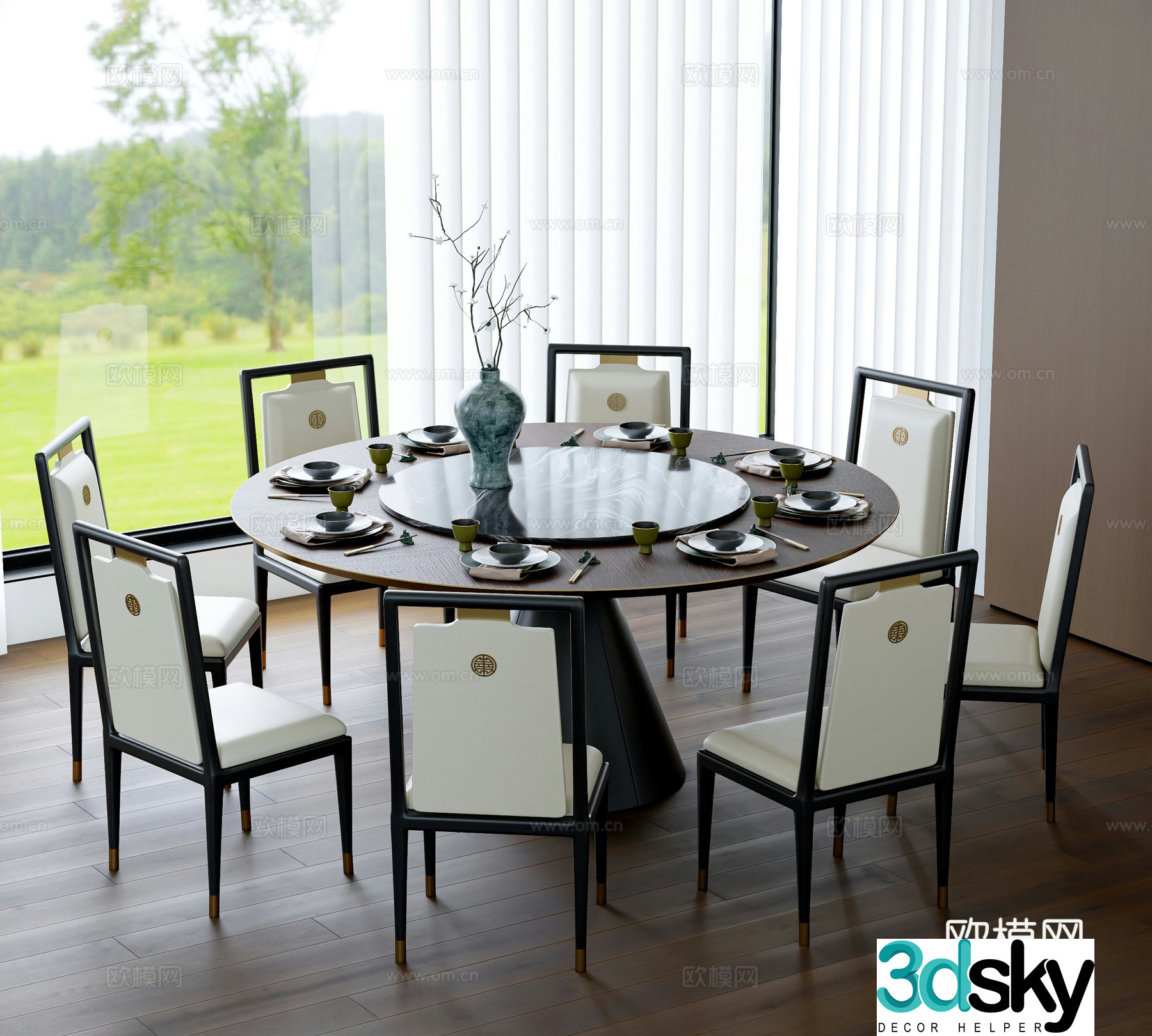 New Chinese dining table and chairs 3d model