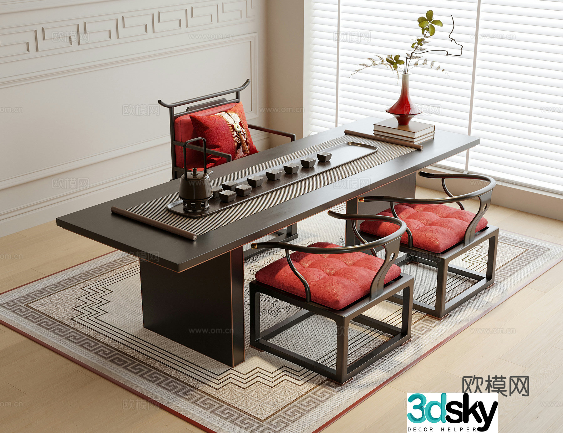 New Chinese tea table and chairs 3d model
