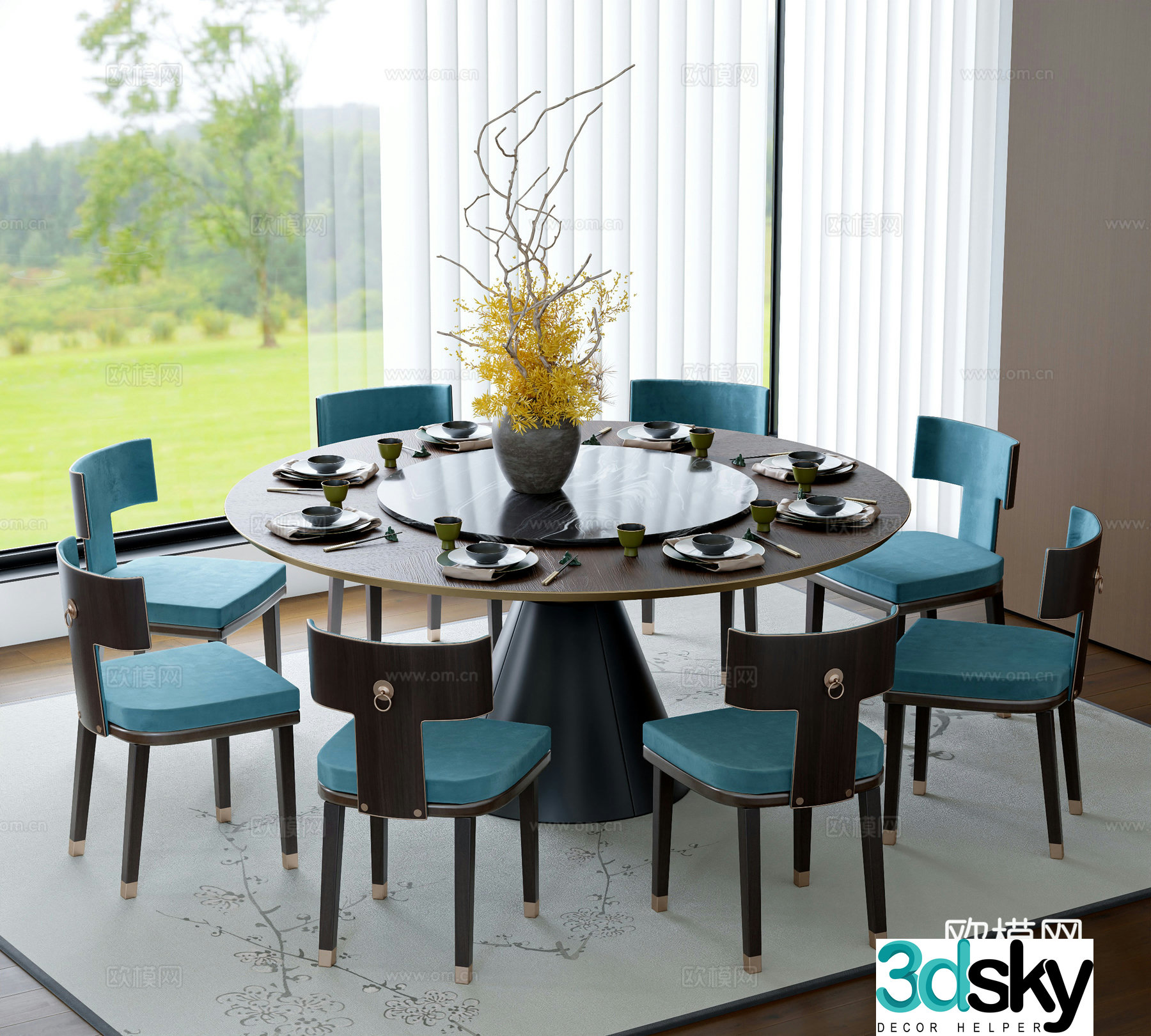 New Chinese dining table and chairs 3d model