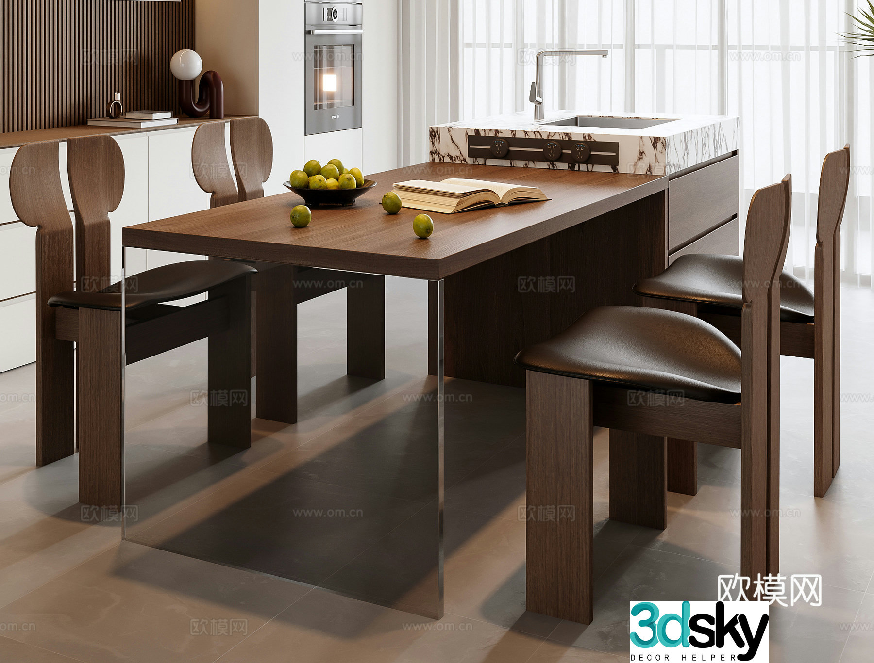 Medieval style island dining table and chairs 3D model