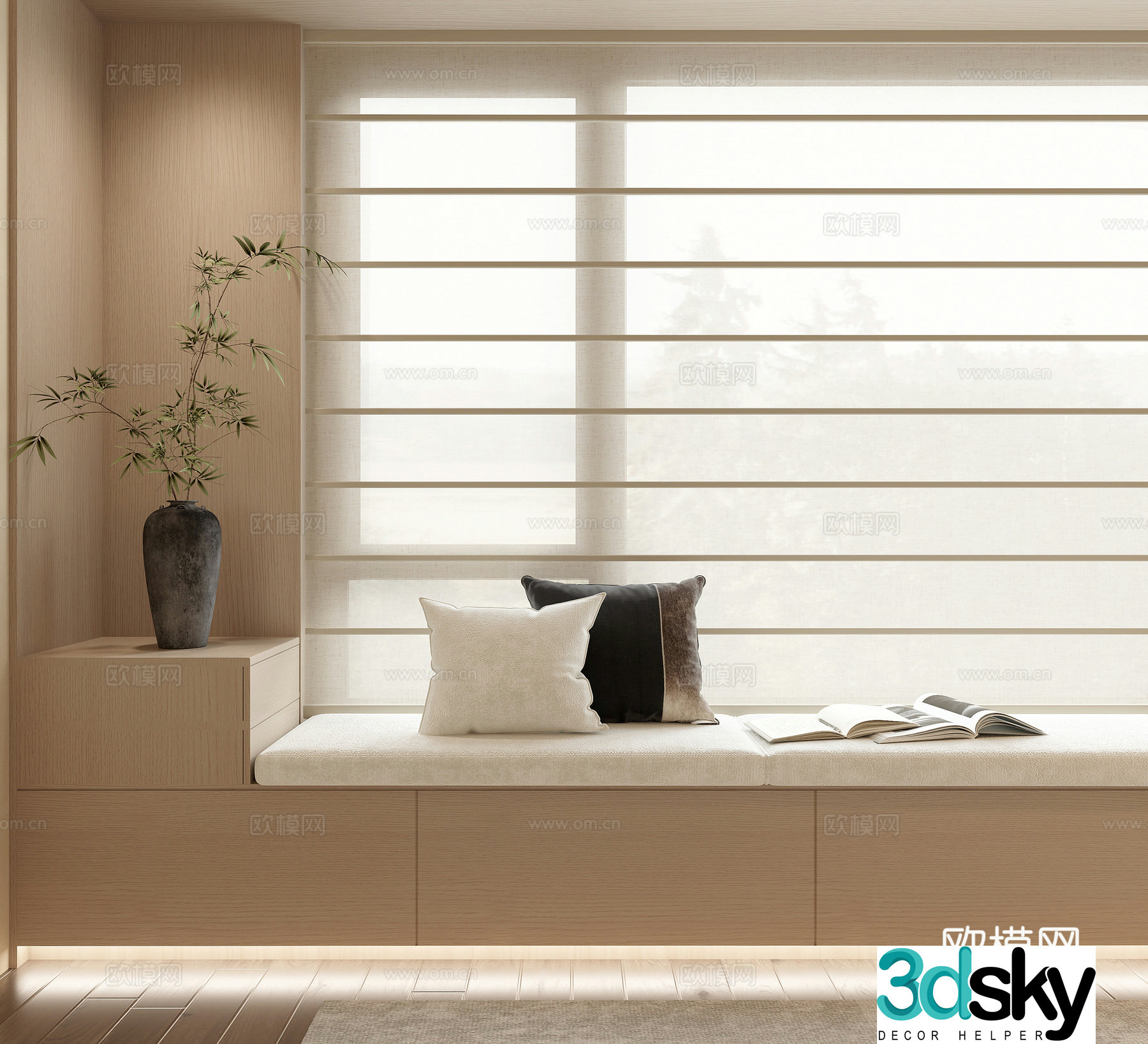 Modern curtains venetian blinds bay windows 3d model