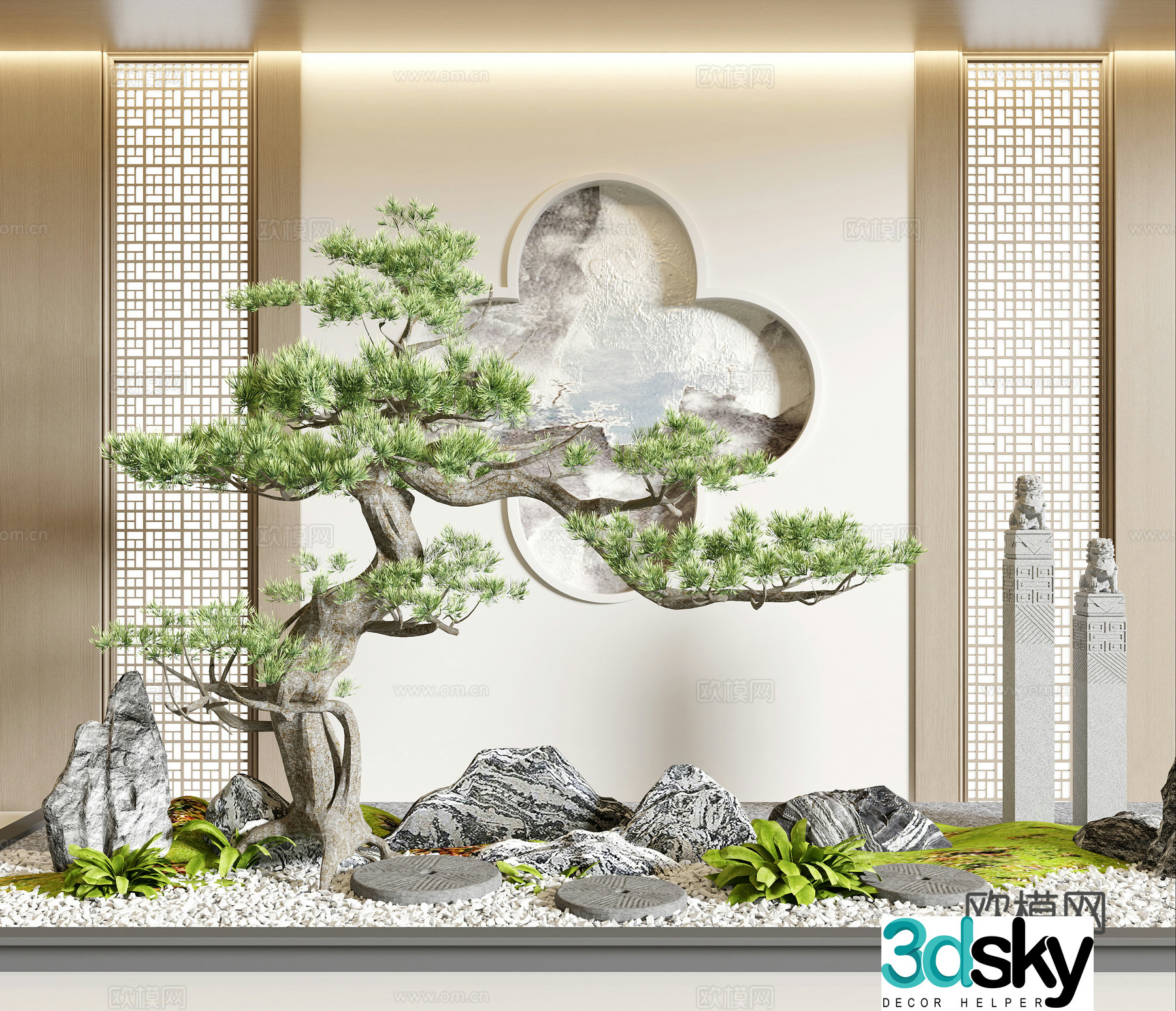 New Chinese style indoor landscape pine tree landscaping 3D model