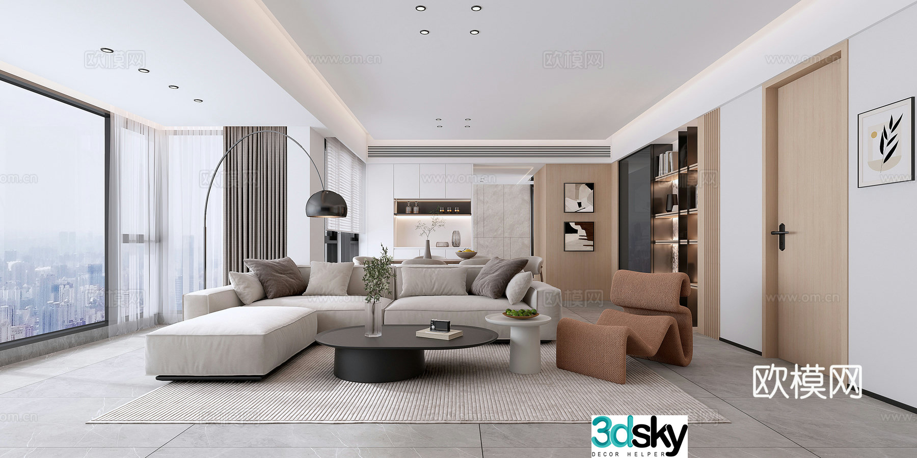 Modern living and dining room 3d model