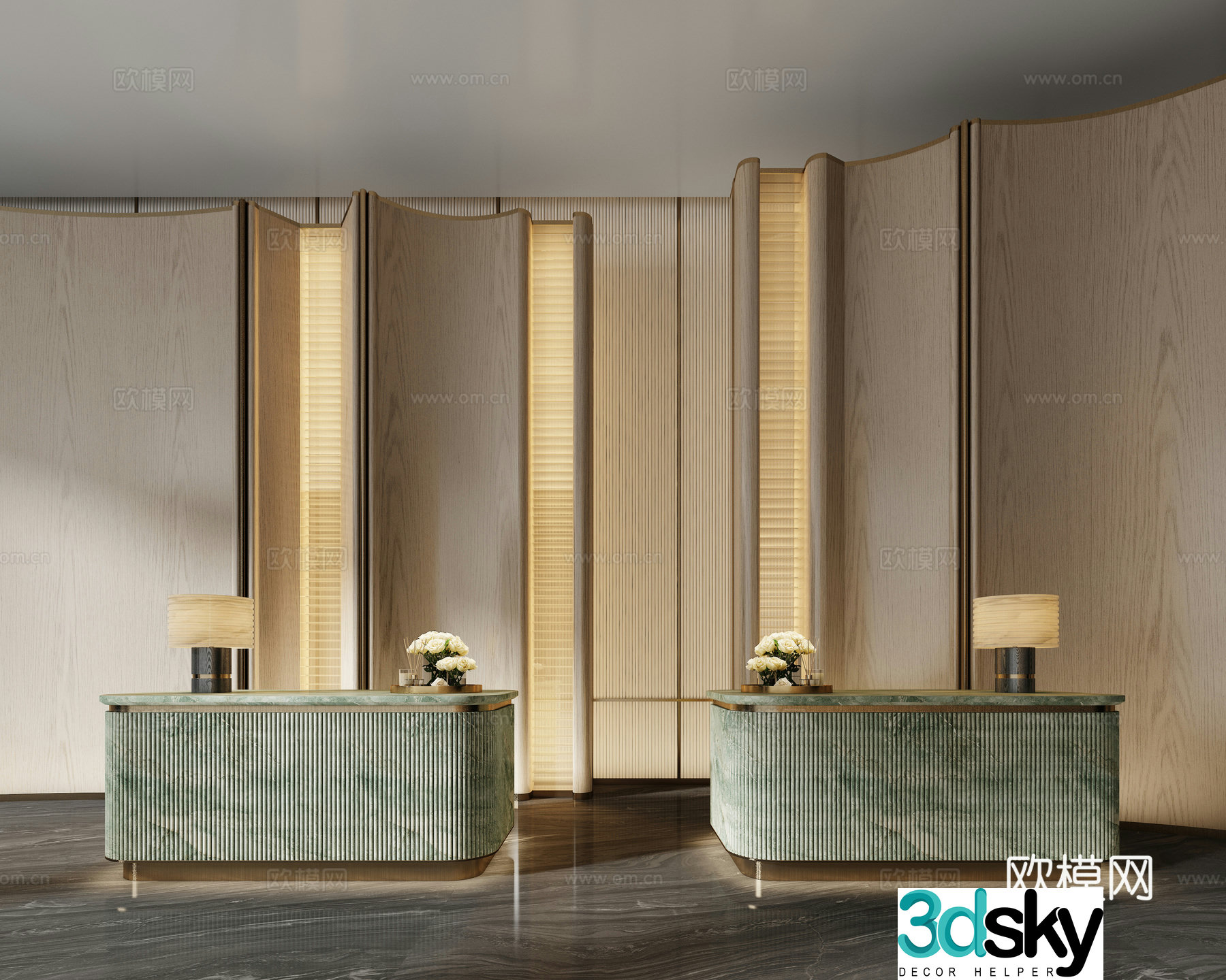 Modern hotel front desk end view terrace 3d model