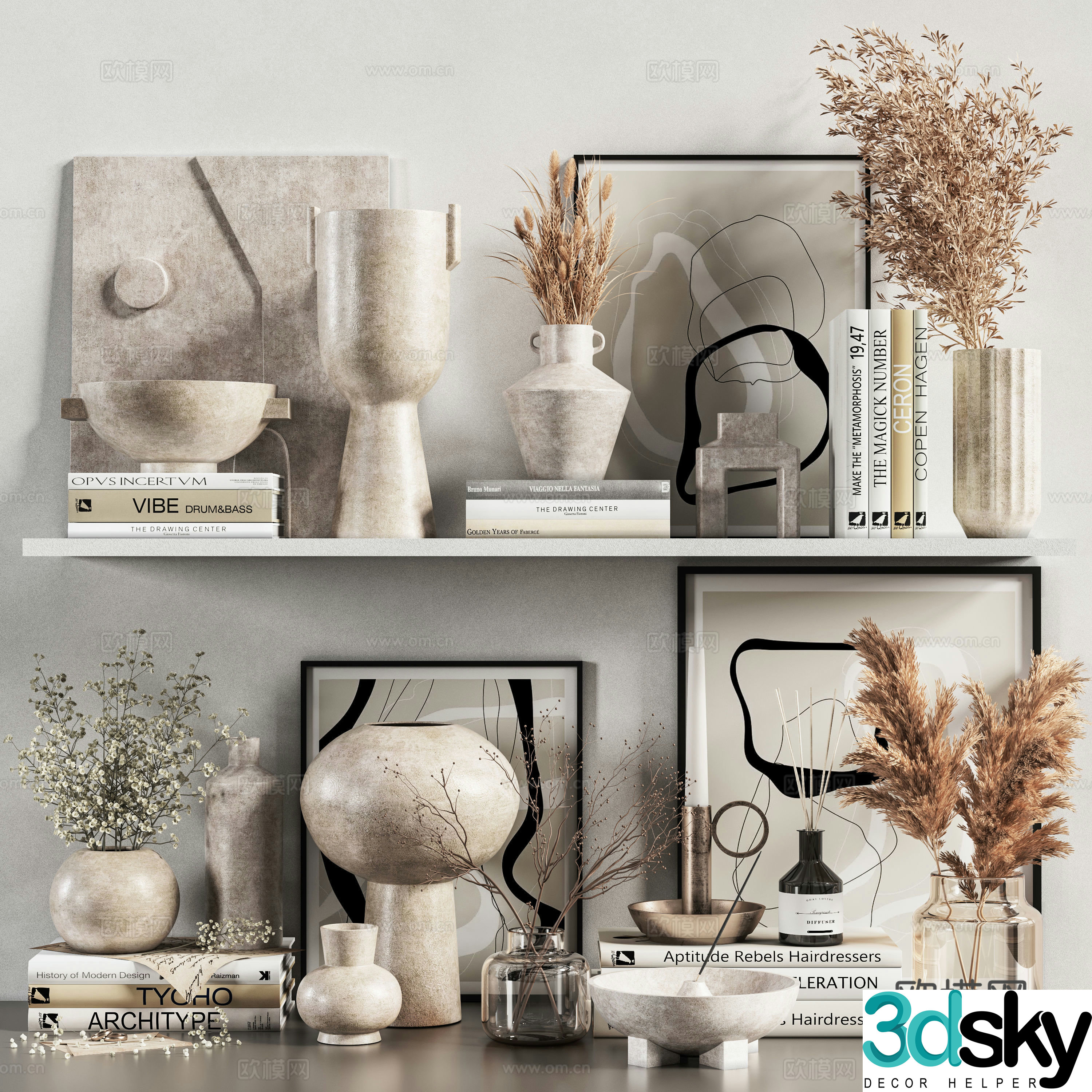 Bookcase ornaments handicrafts vases books 3d model